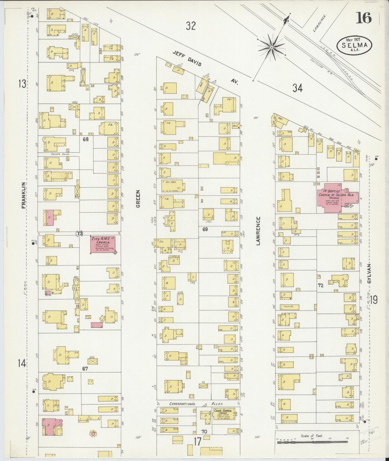 Sanborn Fire Insurance Map from Selma, Dallas County, Alabama (1907), Sheet #0016 - Complete Map Set gallery image, historic Sanborn map, vintage wall art, Alabama Alabama