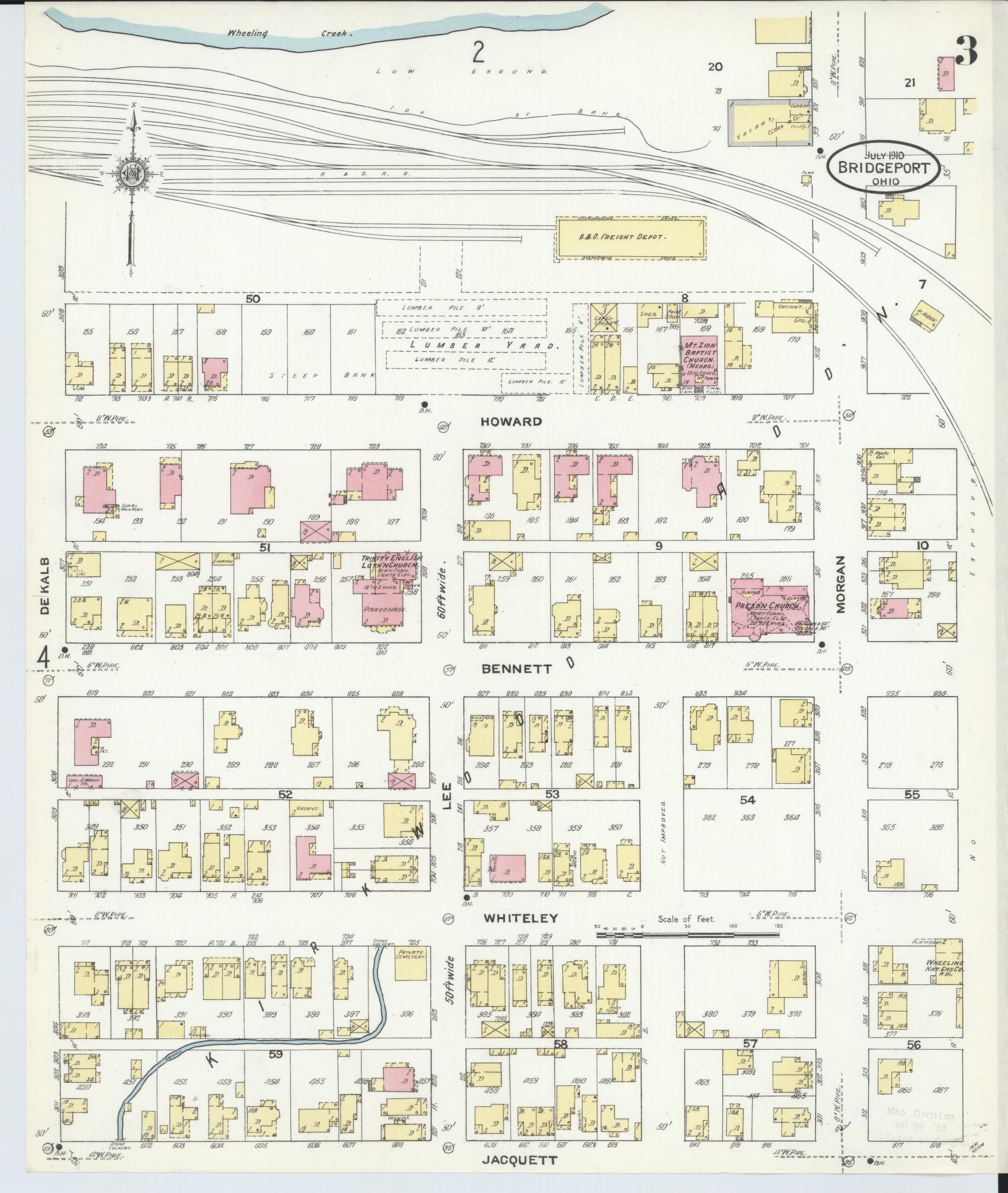 Sanborn Fire Insurance Map from Bridgeport, Belmont County, Ohio (1910), Sheet #0003 - Complete Map Set gallery image, historic Sanborn map, vintage wall art, Ohio Ohio