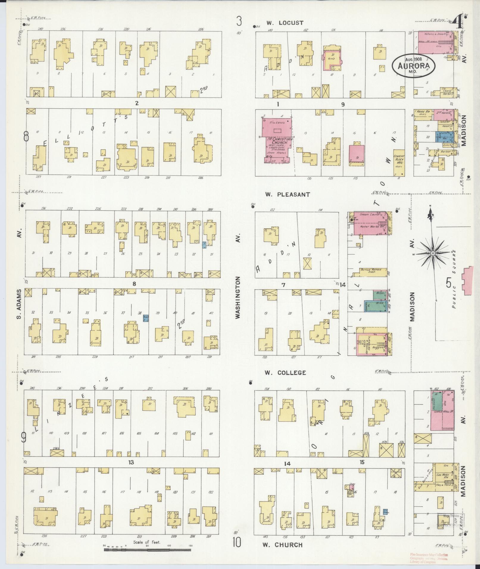 Sanborn Fire Insurance Map from Aurora, Lawrence County, Missouri (1908), Sheet #0004 - Complete Map Set gallery image, historic Sanborn map, vintage wall art, Missouri Missouri