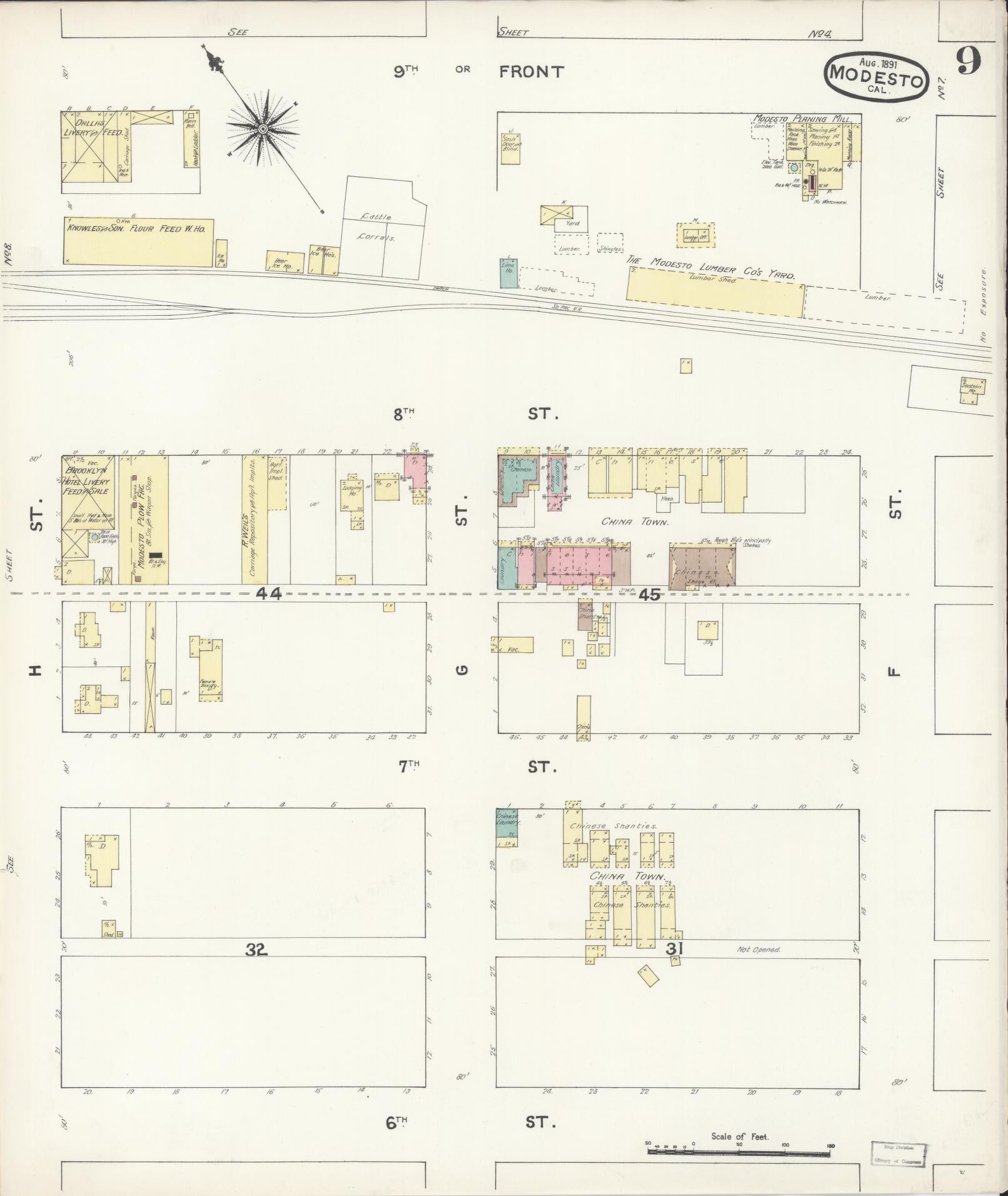 Sanborn Fire Insurance Map from Modesto, Stanislaus County, California (1891), Sheet #0009 - Historic Sanborn Fire Insurance Map Print, vintage old map wall art, antique decor, genealogy gift, California California map