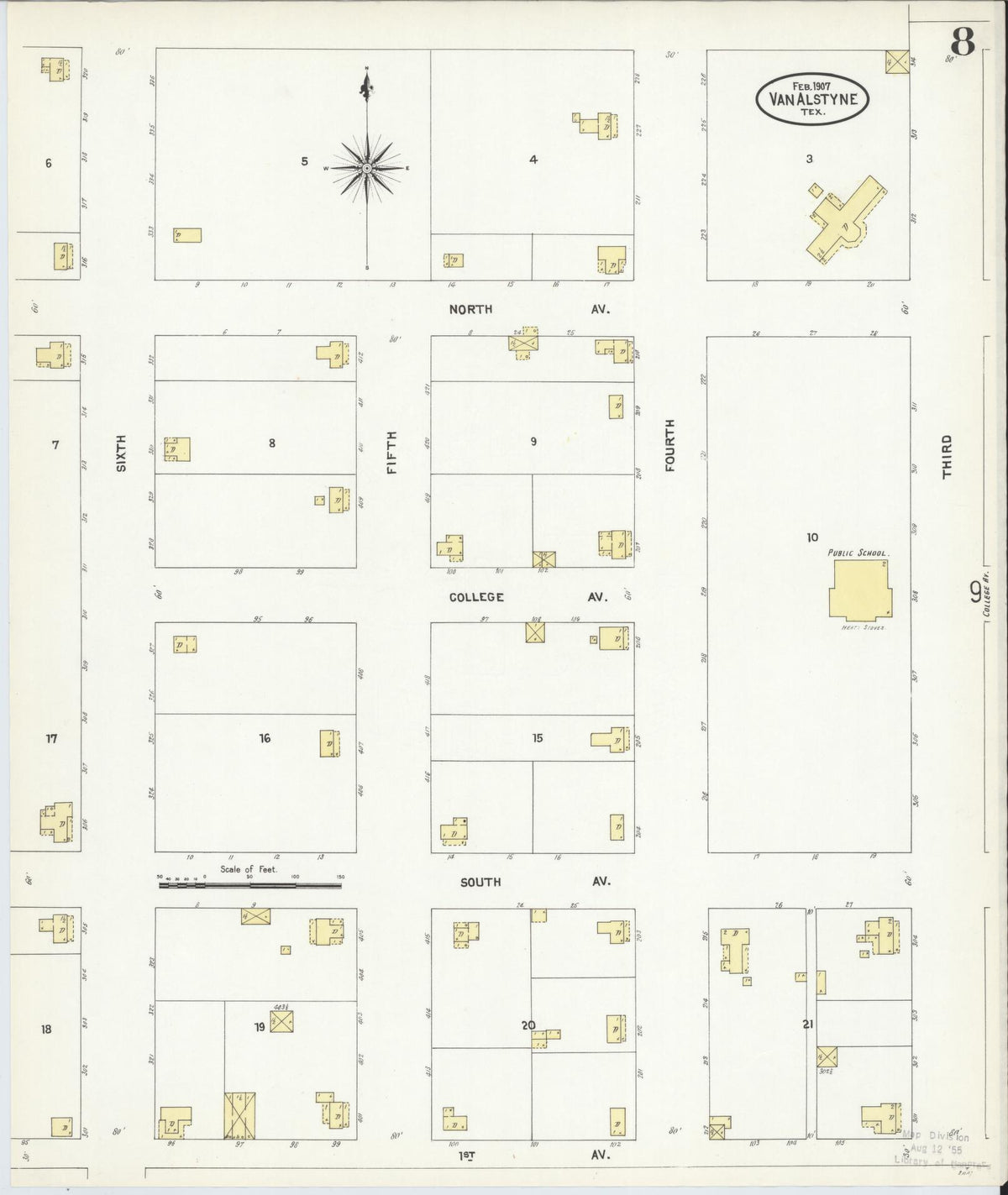 Sanborn Fire Insurance Map from Van Alstyne, Grayson County, Texas (1907), Sheet #0008 - Complete Map Set gallery image, historic Sanborn map, vintage wall art, Texas Texas
