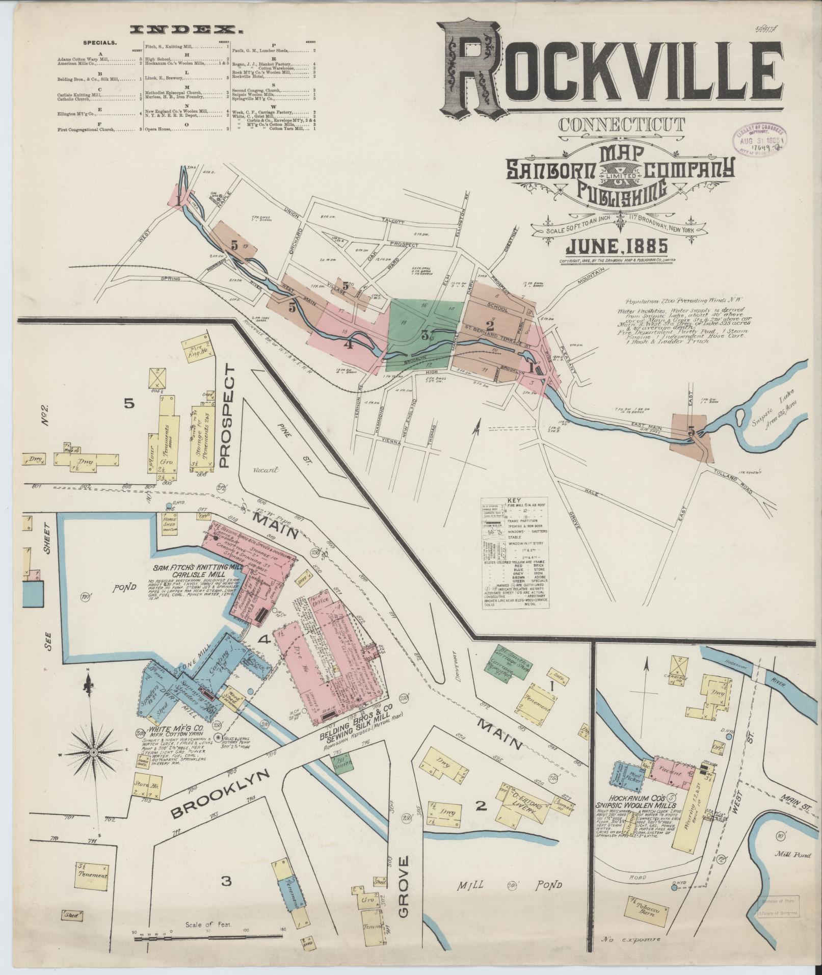 Sanborn Fire Insurance Map from Rockville, Tolland County, Connecticut (1885), Sheet #0001 - Complete Map Set gallery image, historic Sanborn map, vintage wall art, Connecticut Connecticut