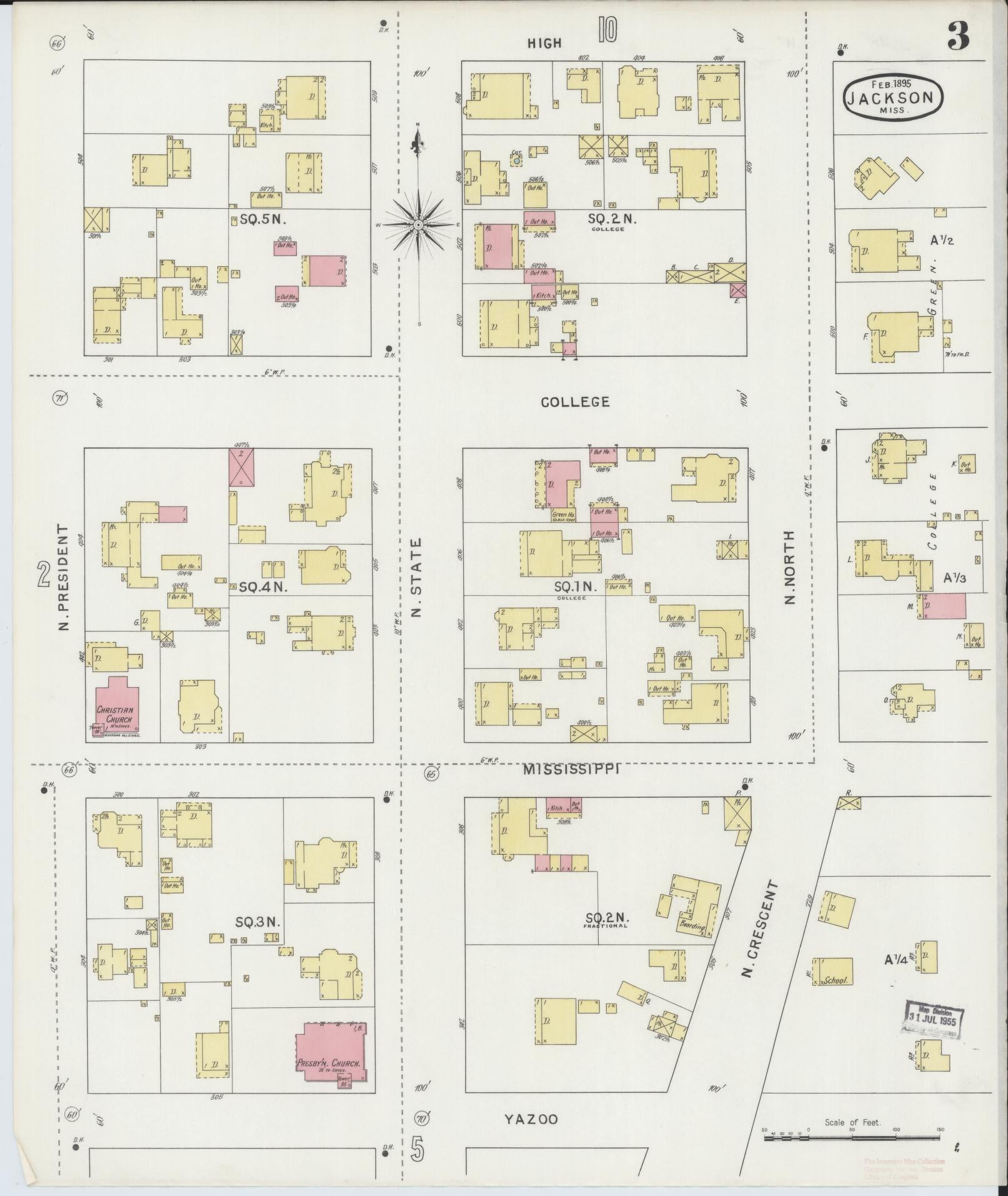 Sanborn Fire Insurance Map from Jackson, Hinds County, Mississippi (1895), Sheet #0003 - Historic Sanborn Fire Insurance Map Print, vintage old map wall art, antique decor, genealogy gift, Mississippi Mississippi map