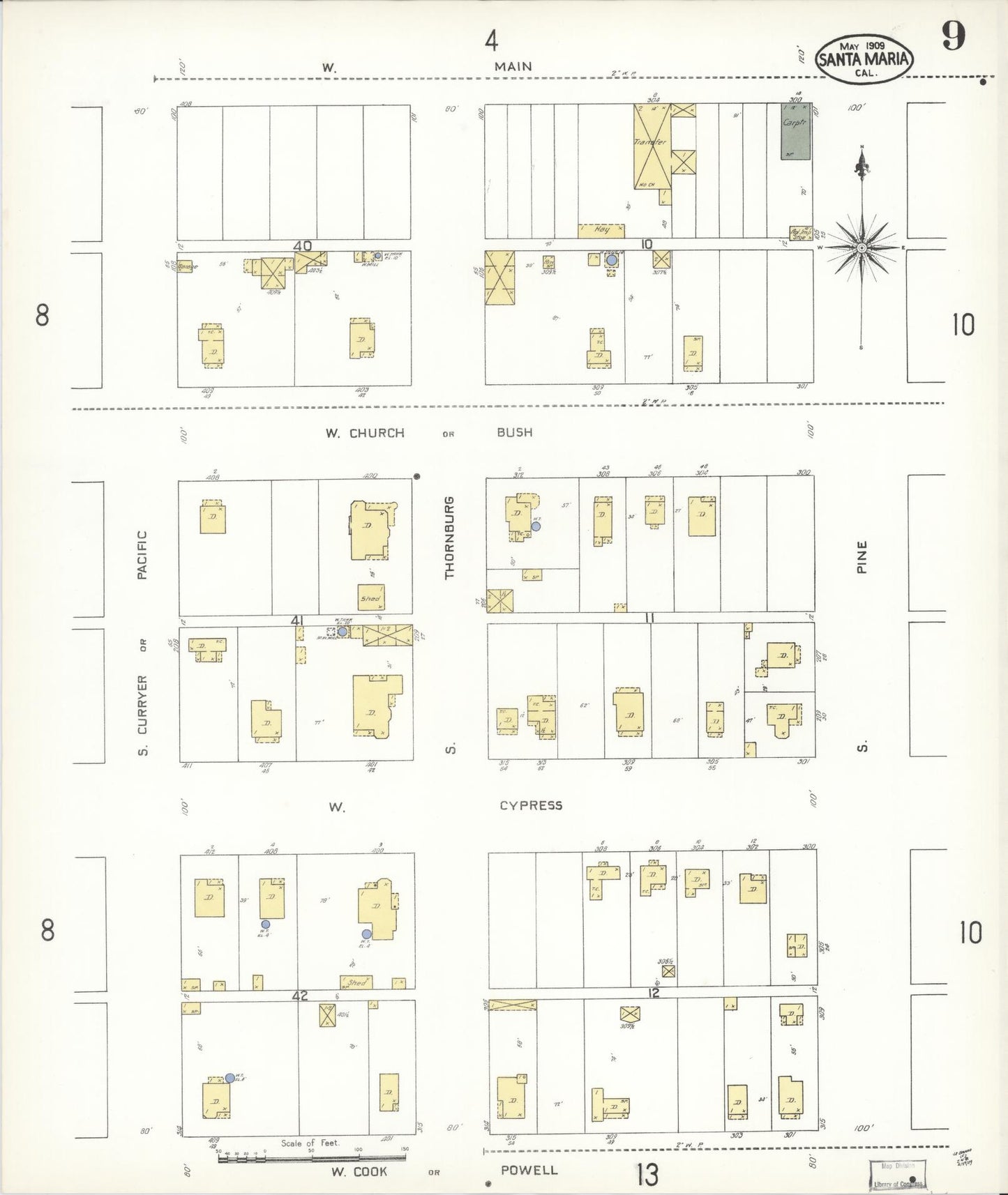 Sanborn Fire Insurance Map from Santa Maria, Santa Barbara County, California (1909), Sheet #0009 - Complete Map Set gallery image, historic Sanborn map, vintage wall art, California California