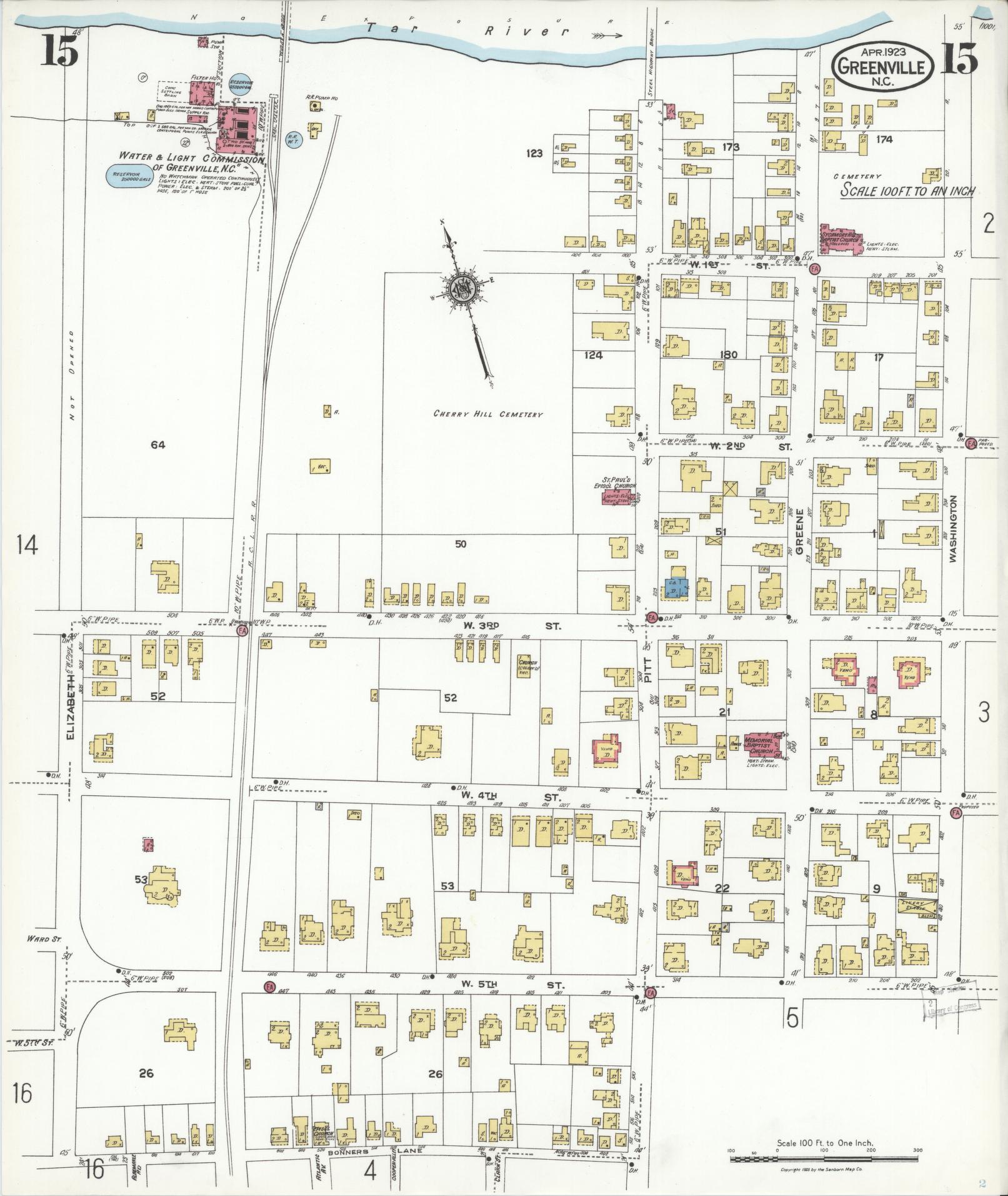 Sanborn Fire Insurance Map from Greenville, Pitt County, North Carolina (1923), Sheet #0015 - Complete Map Set gallery image, historic Sanborn map, vintage wall art, North Carolina North Carolina