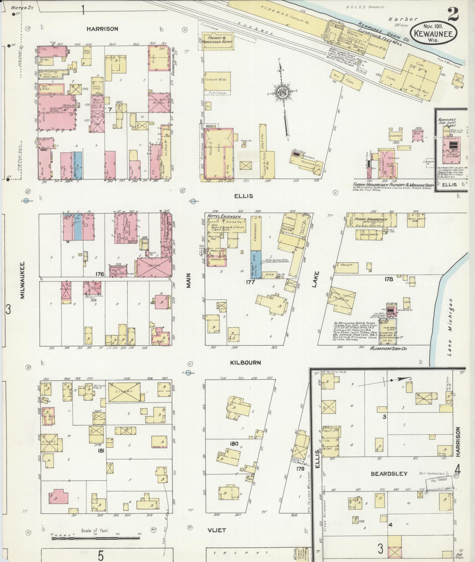 Sanborn Fire Insurance Map from Kewaunee, Kewaunee County, Wisconsin (1911), Sheet #0002 - Historic Sanborn Fire Insurance Map Print, vintage old map wall art, antique decor, genealogy gift, Wisconsin Wisconsin map
