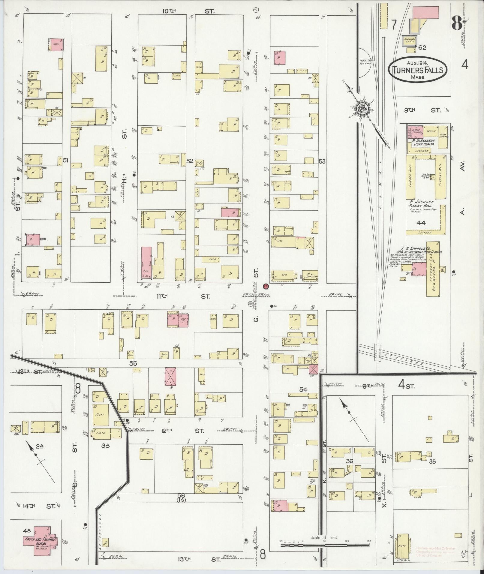 Sanborn Fire Insurance Map from Turners Falls, Franklin County, Massachusetts (1914), Sheet #0008 - Historic Sanborn Fire Insurance Map Print, vintage old map wall art, antique decor, genealogy gift, Massachusetts Massachusetts map