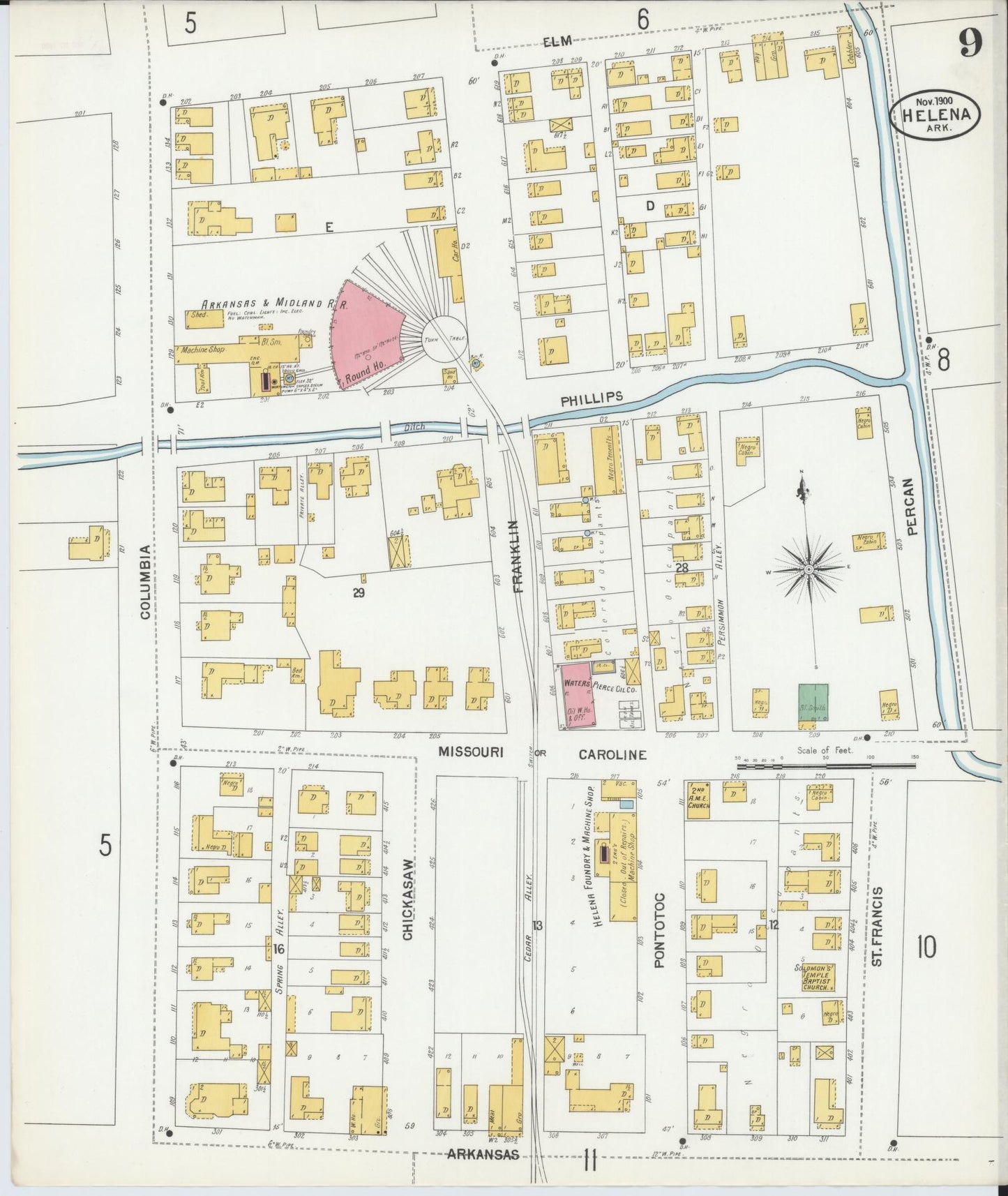 Sanborn Fire Insurance Map from Helena, Phillips County, Arkansas (1900), Sheet #0009 - Complete Map Set gallery image, historic Sanborn map, vintage wall art, Arkansas Arkansas