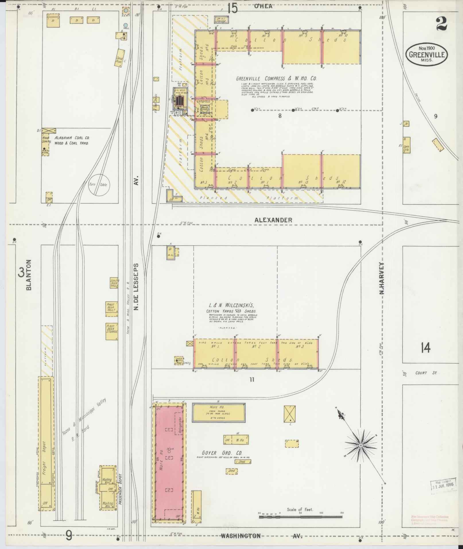 Sanborn Fire Insurance Map from Greenville, Washington County, Mississippi (1900), Sheet #0002 - Complete Map Set gallery image, historic Sanborn map, vintage wall art, Mississippi Mississippi