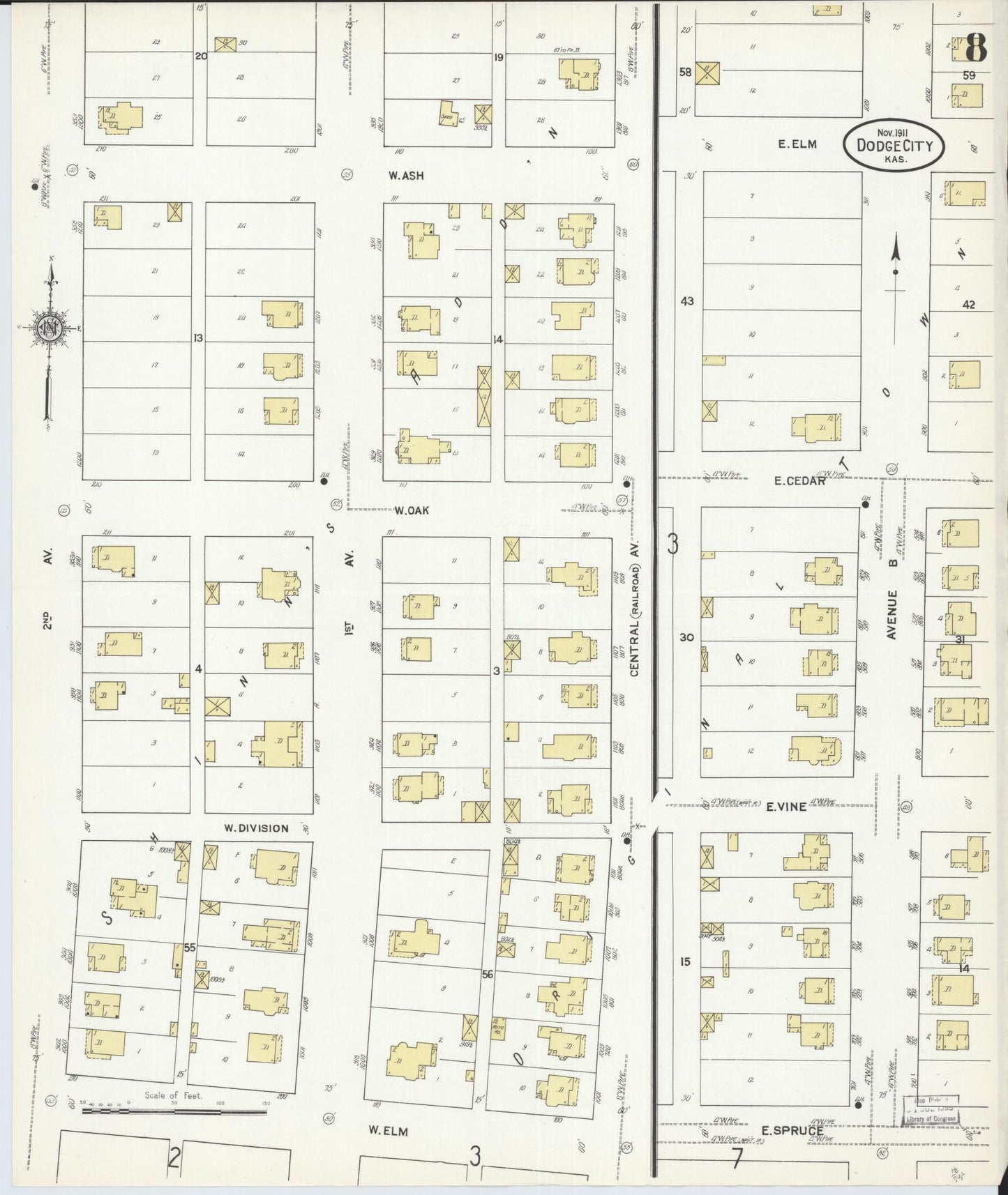 Sanborn Fire Insurance Map from Dodge City, Ford County, Kansas (1911), Sheet #0008 - Historic Sanborn Fire Insurance Map Print, vintage old map wall art, antique decor, genealogy gift, Kansas Kansas map