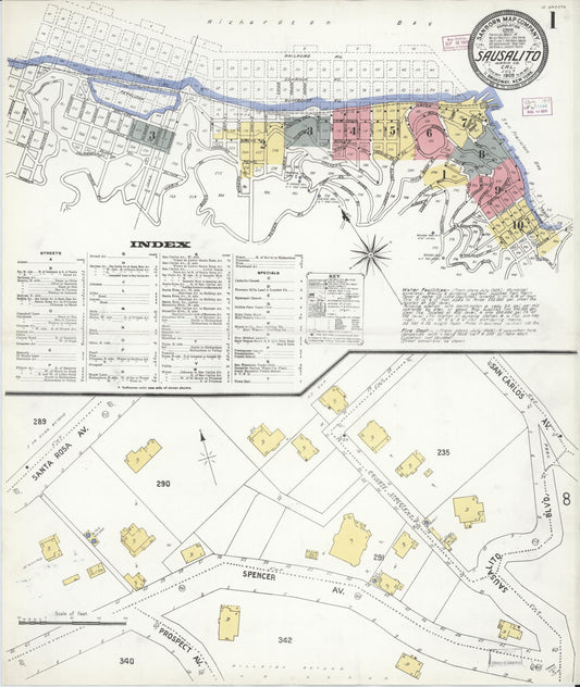 Sanborn Fire Insurance Map from Sausalito, Marin County, California (1909), Sheet #0001 - Complete Map Set gallery image, historic Sanborn map, vintage wall art, California California