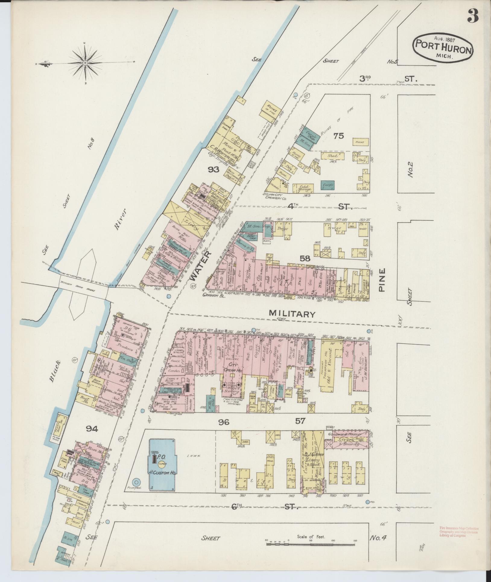 Sanborn Fire Insurance Map from Port Huron, Saint Clair County, Michigan (1887), Sheet #0003 - Complete Map Set gallery image, historic Sanborn map, vintage wall art, Michigan Michigan