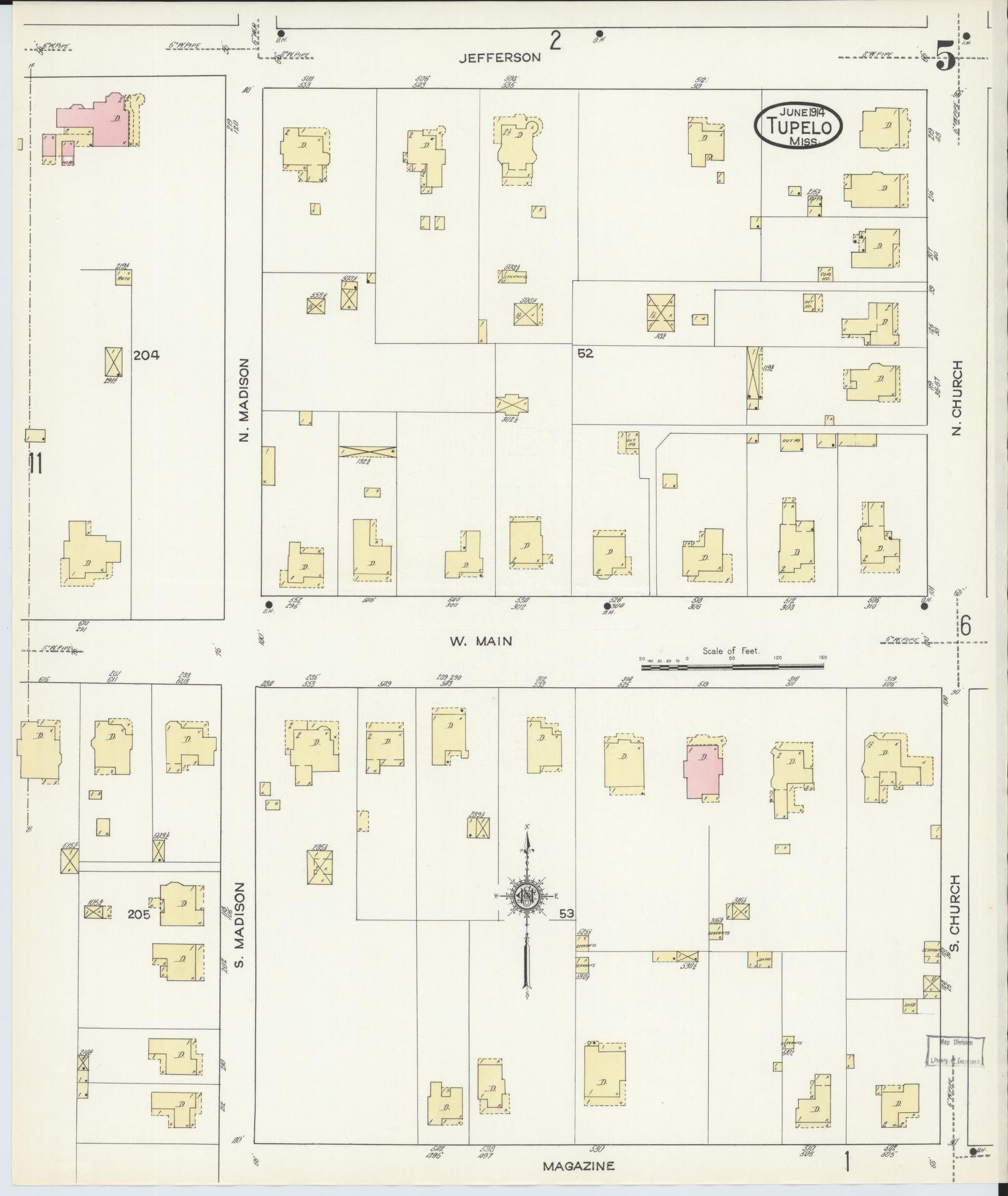Sanborn Fire Insurance Map from Tupelo, Lee County, Mississippi (1914), Sheet #0005 - Historic Sanborn Fire Insurance Map Print, vintage old map wall art, antique decor, genealogy gift, Mississippi Mississippi map