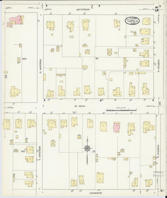 Sanborn Fire Insurance Map from Tupelo, Lee County, Mississippi (1914), Sheet #0005 - Historic Sanborn Fire Insurance Map Print, vintage old map wall art, antique decor, genealogy gift, Mississippi Mississippi map