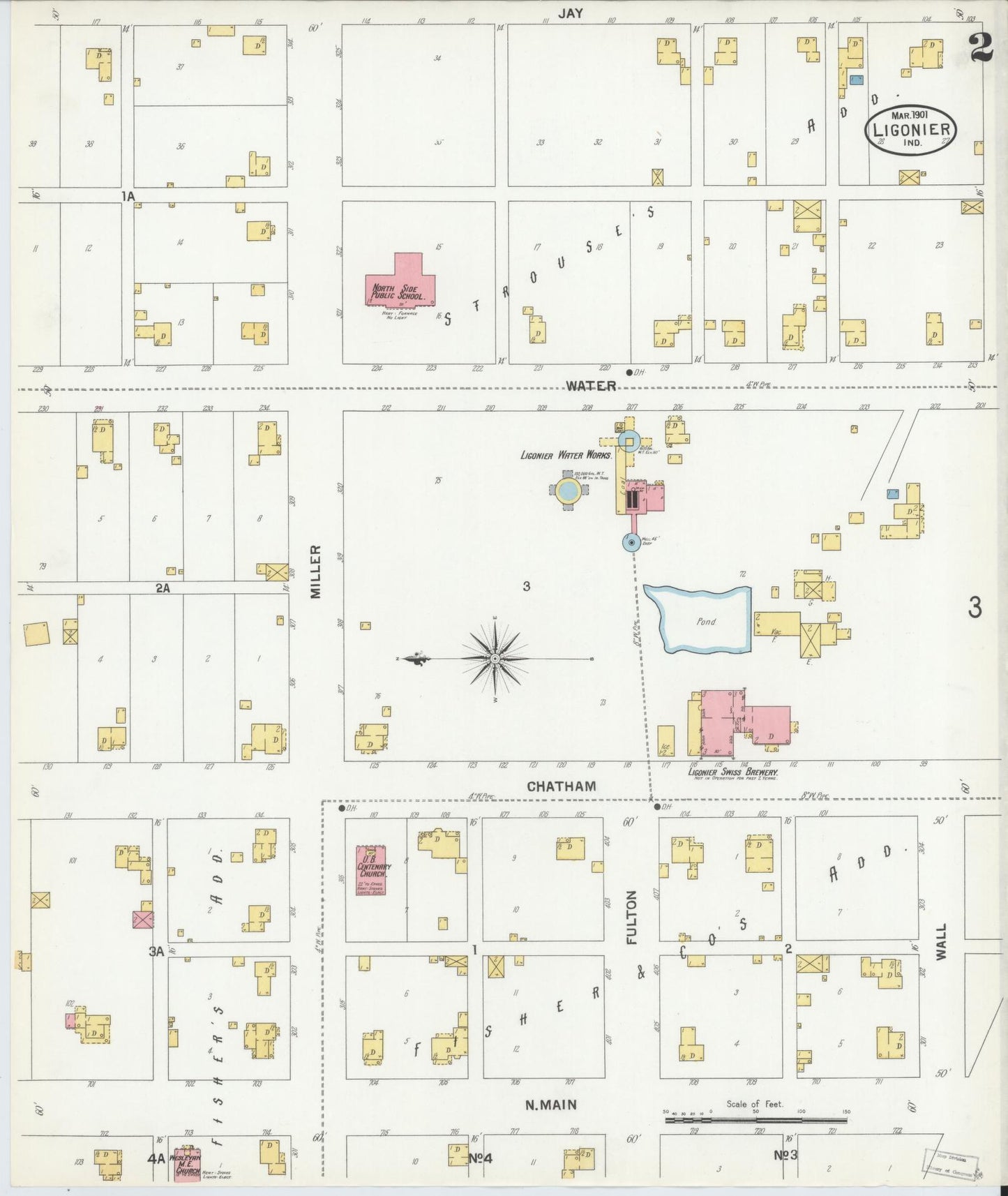 Sanborn Fire Insurance Map from Ligonier, Noble County, Indiana (1901), Sheet #0002 - Complete Map Set gallery image, historic Sanborn map, vintage wall art, Indiana Indiana
