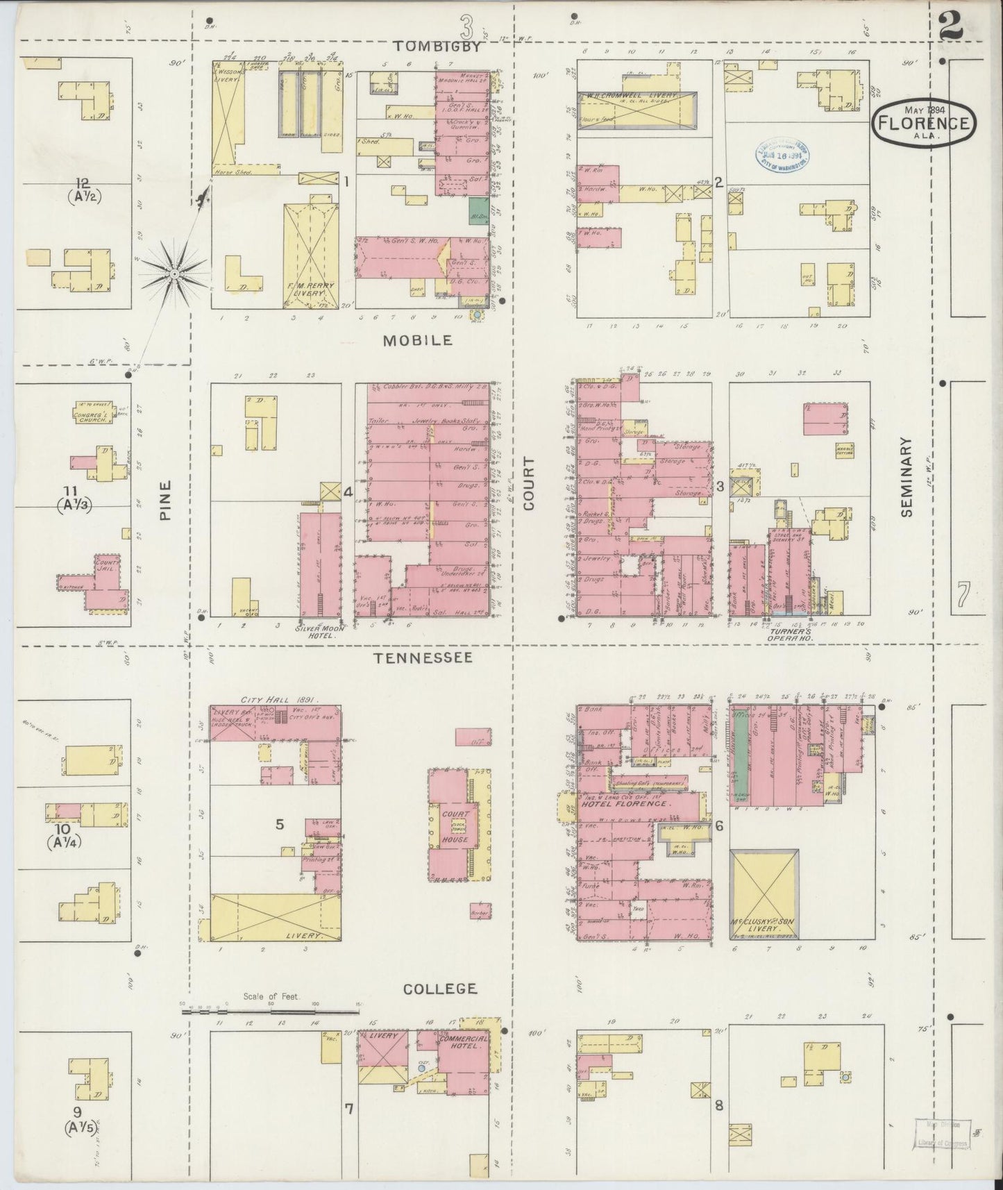 Sanborn Fire Insurance Map from Florence, Lauderdale County, Alabama (1894), Sheet #0002 - Historic Sanborn Fire Insurance Map Print, vintage old map wall art, antique decor, genealogy gift, Alabama Alabama map