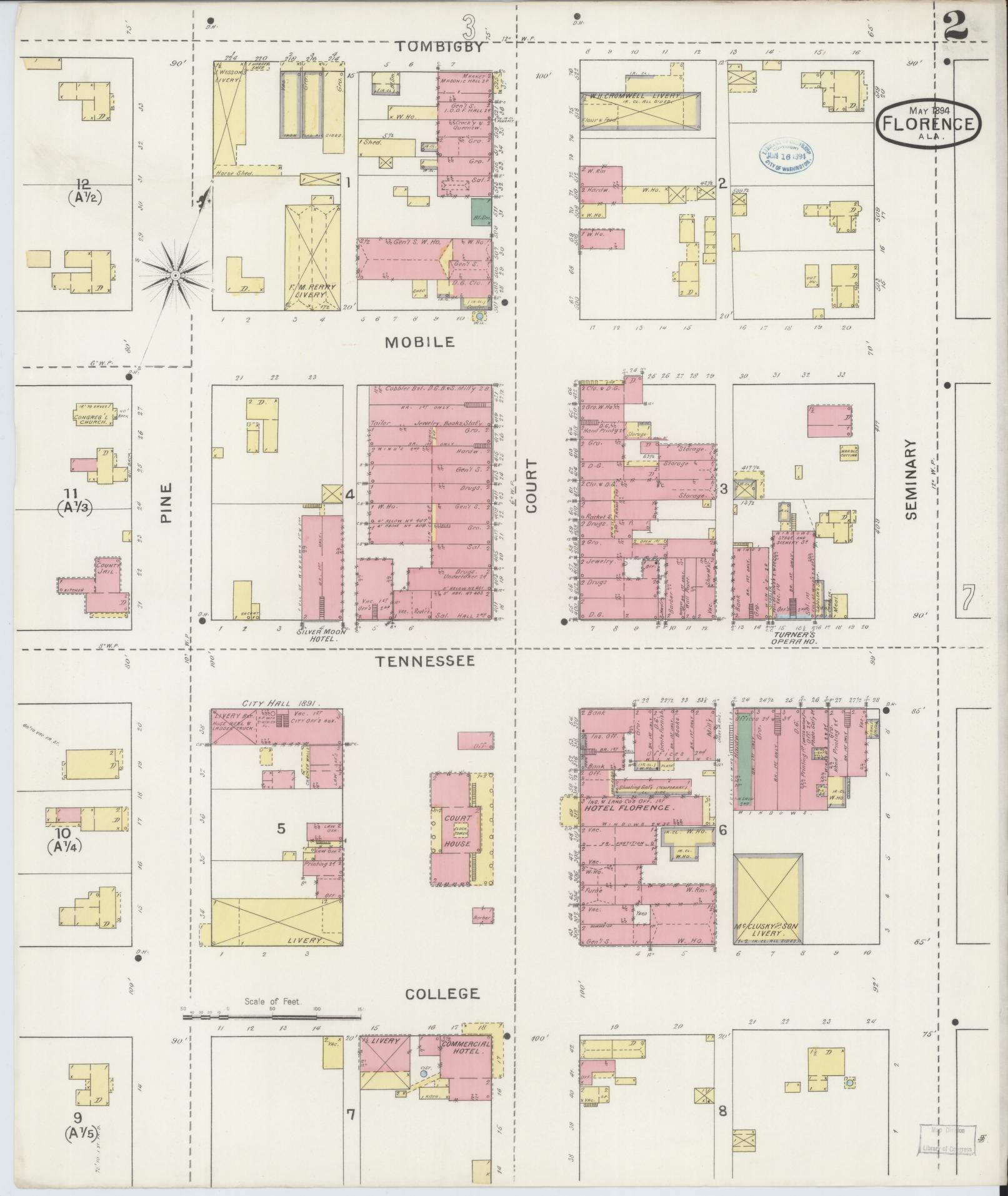 Sanborn Fire Insurance Map from Florence, Lauderdale County, Alabama (1894), Sheet #0002 - Historic Sanborn Fire Insurance Map Print, vintage old map wall art, antique decor, genealogy gift, Alabama Alabama map