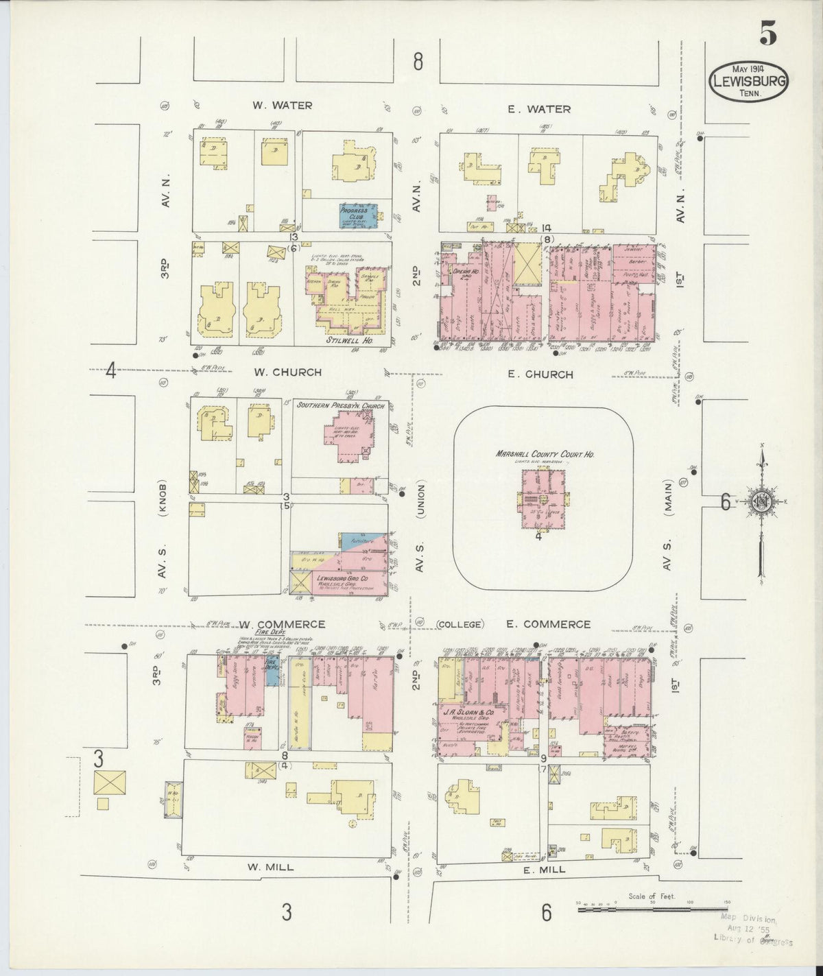 Sanborn Fire Insurance Map from Lewisburg, Marshall County, Tennessee (1914), Sheet #0005 - Complete Map Set gallery image, historic Sanborn map, vintage wall art, Tennessee Tennessee