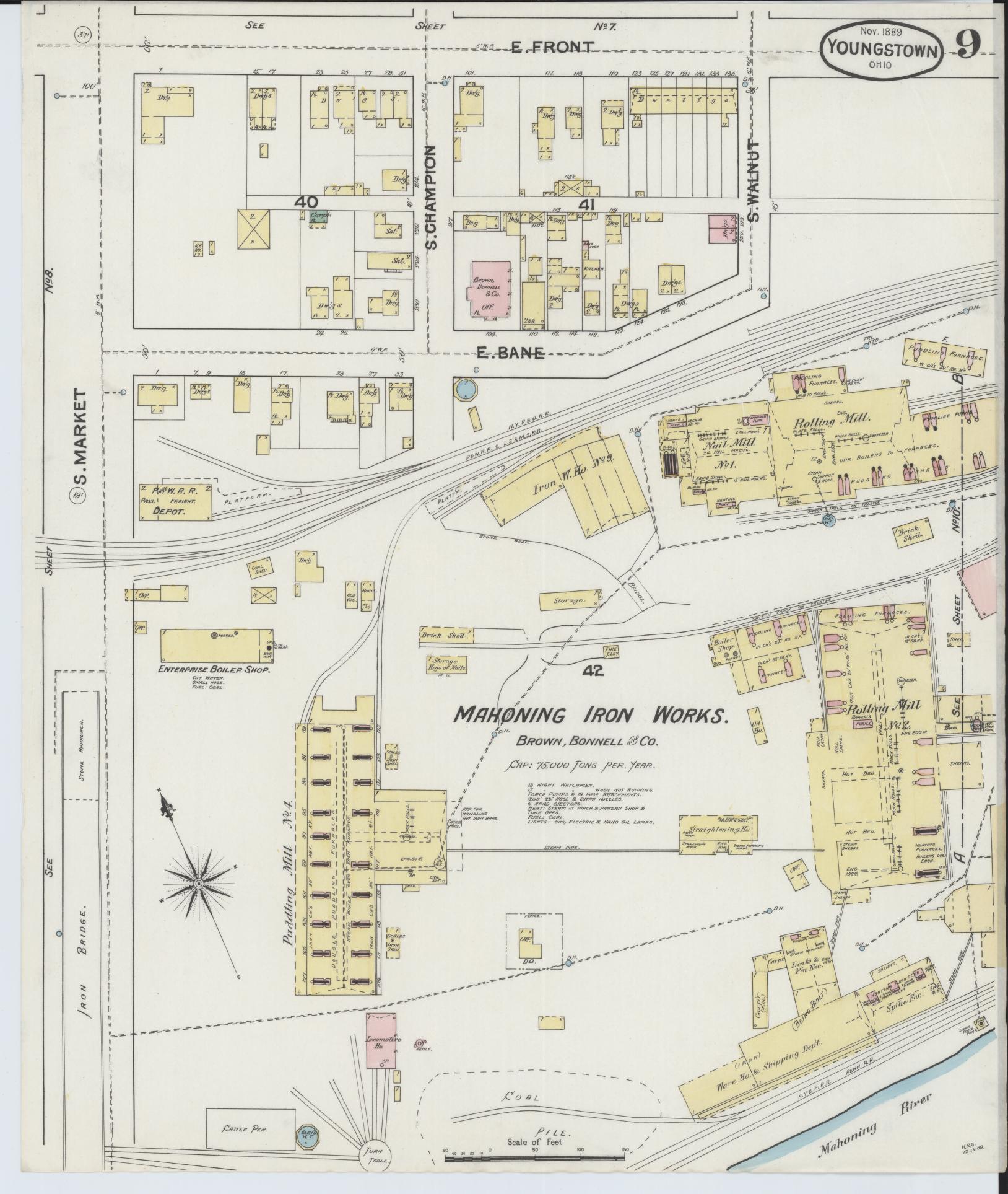 Sanborn Fire Insurance Map from Youngstown, Mahoning County, Ohio (1889), Sheet #0009 - Complete Map Set gallery image, historic Sanborn map, vintage wall art, Ohio Ohio