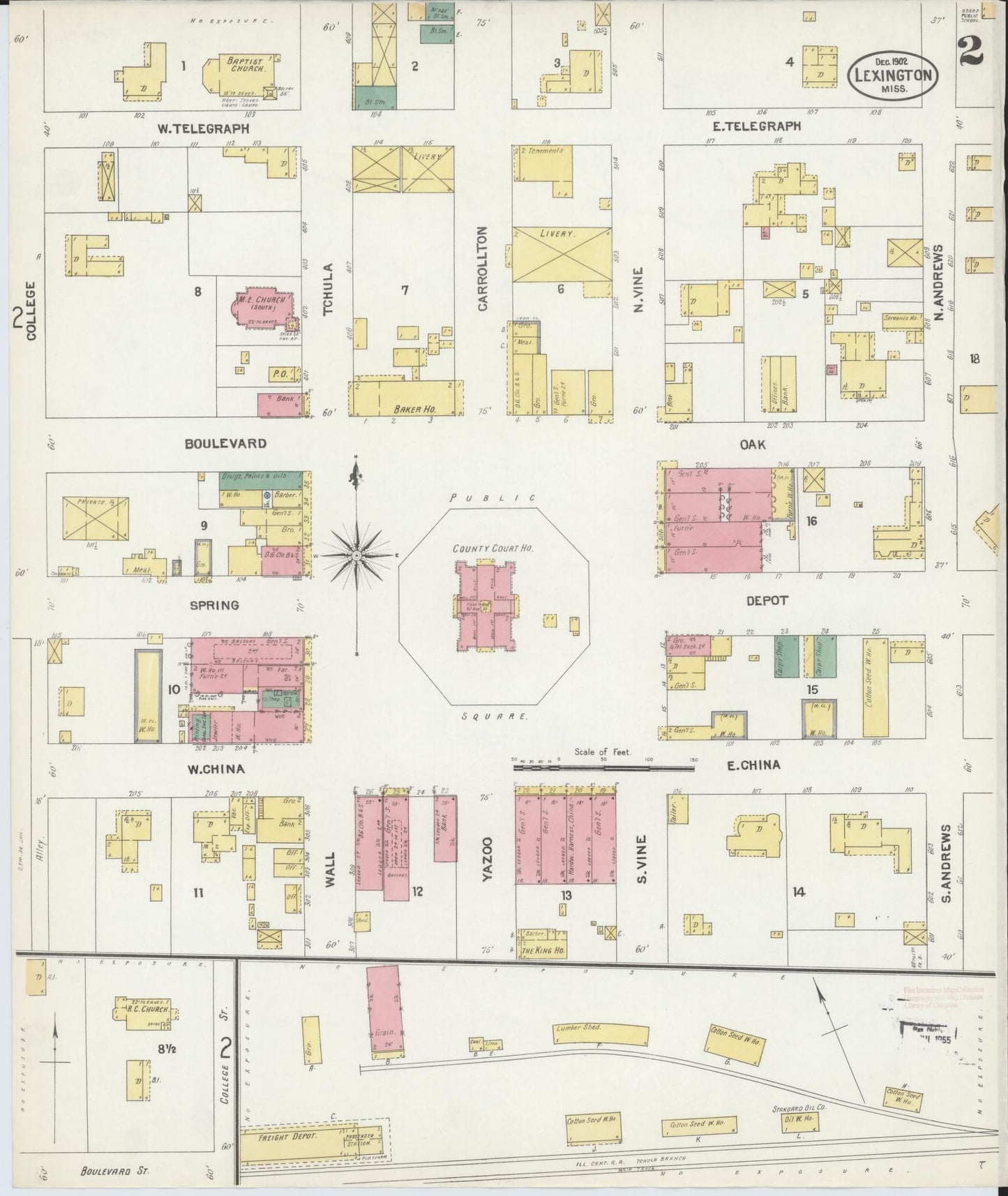 Sanborn Fire Insurance Map from Lexington, Holmes County, Mississippi (1902), Sheet #0002 - Complete Map Set gallery image, historic Sanborn map, vintage wall art, Mississippi Mississippi