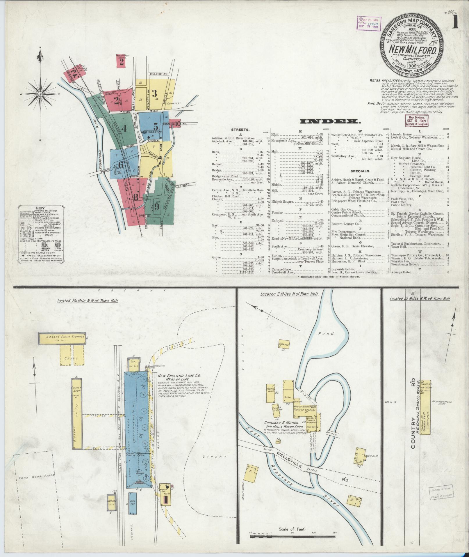 Sanborn Fire Insurance Map from New Milford, Litchfield County, Connecticut (1909), Sheet #0001 - Complete Map Set gallery image, historic Sanborn map, vintage wall art, Connecticut Connecticut