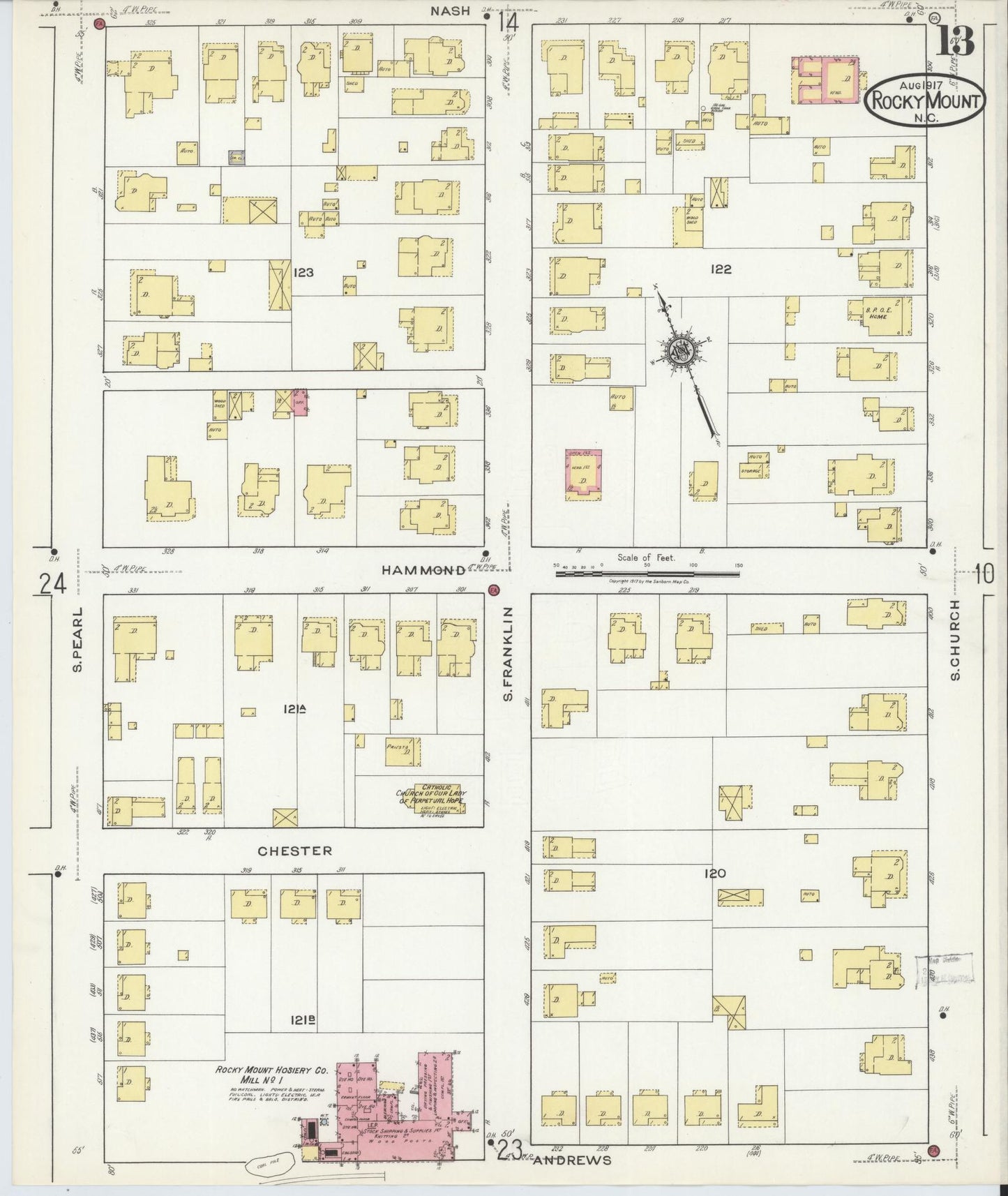 Sanborn Fire Insurance Map from Rocky Mount, Edgecombe And Nash Counties, North Carolina (1917), Sheet #0013 - Complete Map Set gallery image, historic Sanborn map, vintage wall art, North Carolina North Carolina