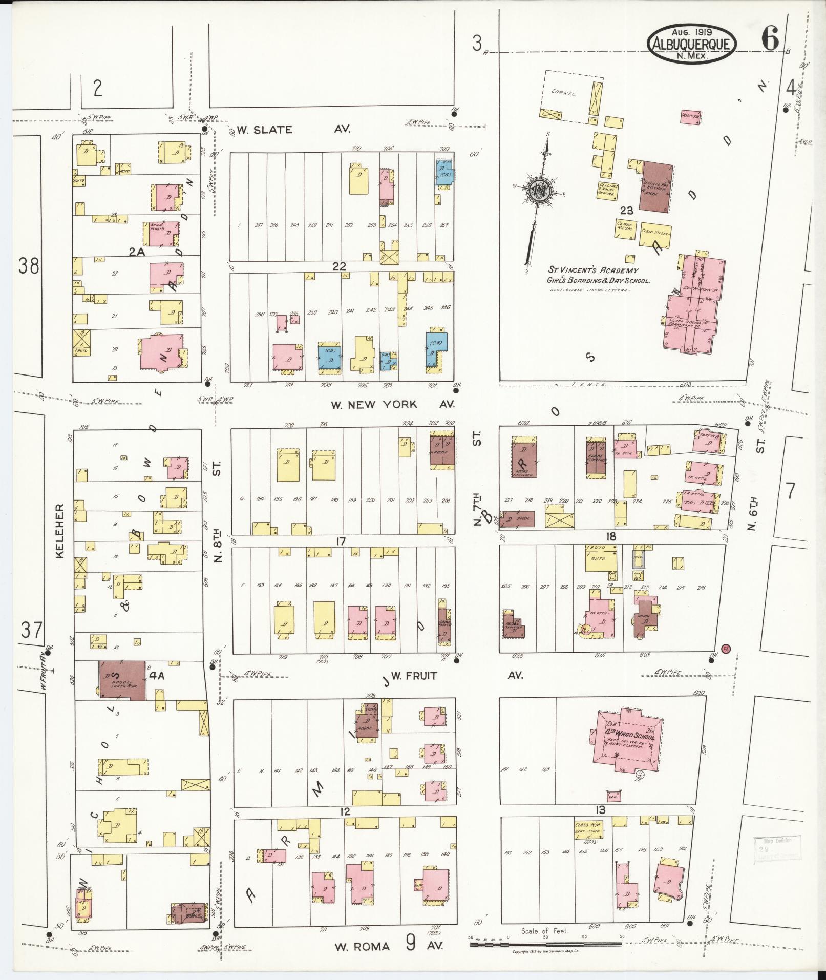 Sanborn Fire Insurance Map from Albuquerque, Bernalillo County, New Mexico (1919), Sheet #0006 - Historic Sanborn Fire Insurance Map Print, vintage old map wall art, antique decor, genealogy gift, New Mexico New Mexico map