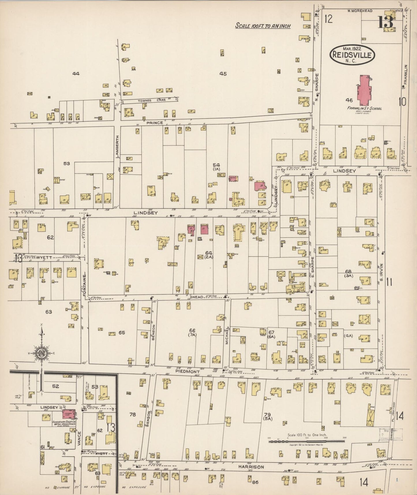 Sanborn Fire Insurance Map from Reidsville, Rockingham County, North Carolina (1922), Sheet #0013 - Complete Map Set gallery image, historic Sanborn map, vintage wall art, North Carolina North Carolina