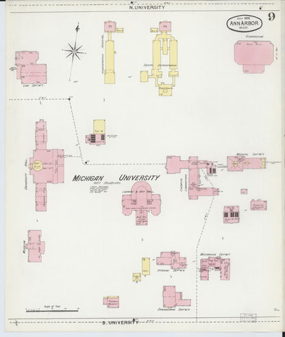Sanborn Fire Insurance Map from Ann Arbor, Washtenaw County, Michigan (1892), Sheet #0009 - Historic Sanborn Fire Insurance Map Print, vintage old map wall art, antique decor, genealogy gift, Michigan Michigan map
