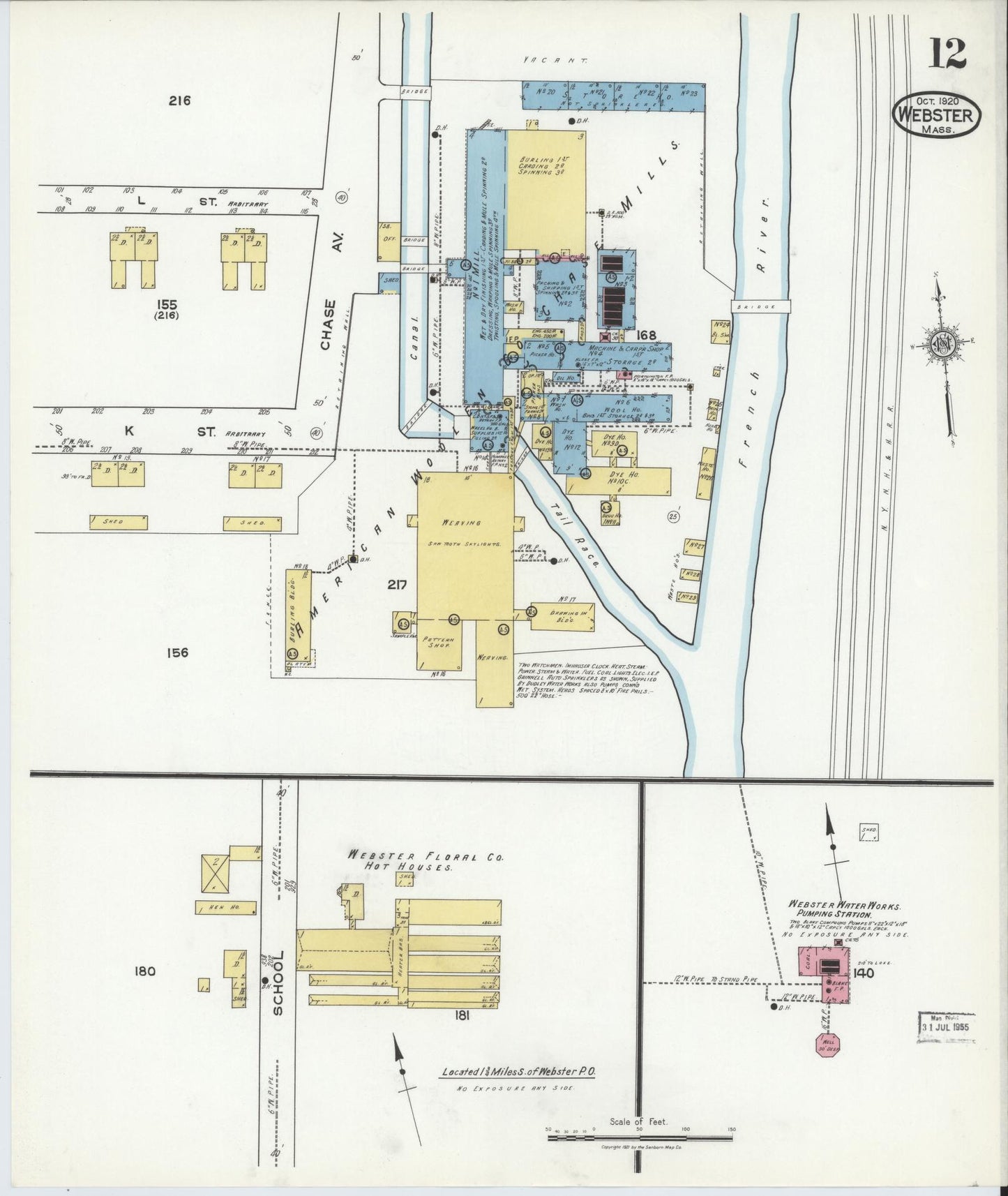 Sanborn Fire Insurance Map from Webster, Worcester County, Massachusetts (1920), Sheet #0012 - Historic Sanborn Fire Insurance Map Print, vintage old map wall art, antique decor, genealogy gift, Massachusetts Massachusetts map