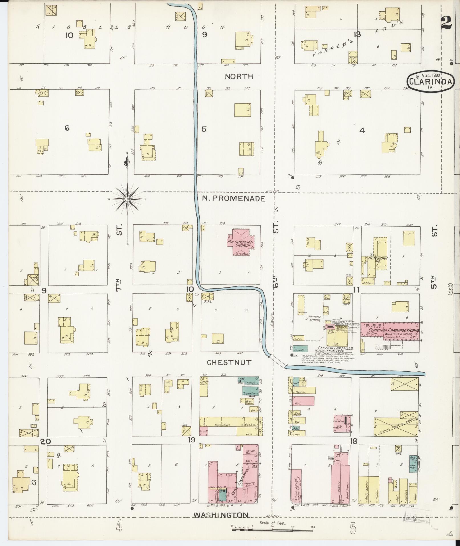 Sanborn Fire Insurance Map from Clarinda, Page County, Iowa (1893), Sheet #0002 - Historic Sanborn Fire Insurance Map Print, vintage old map wall art