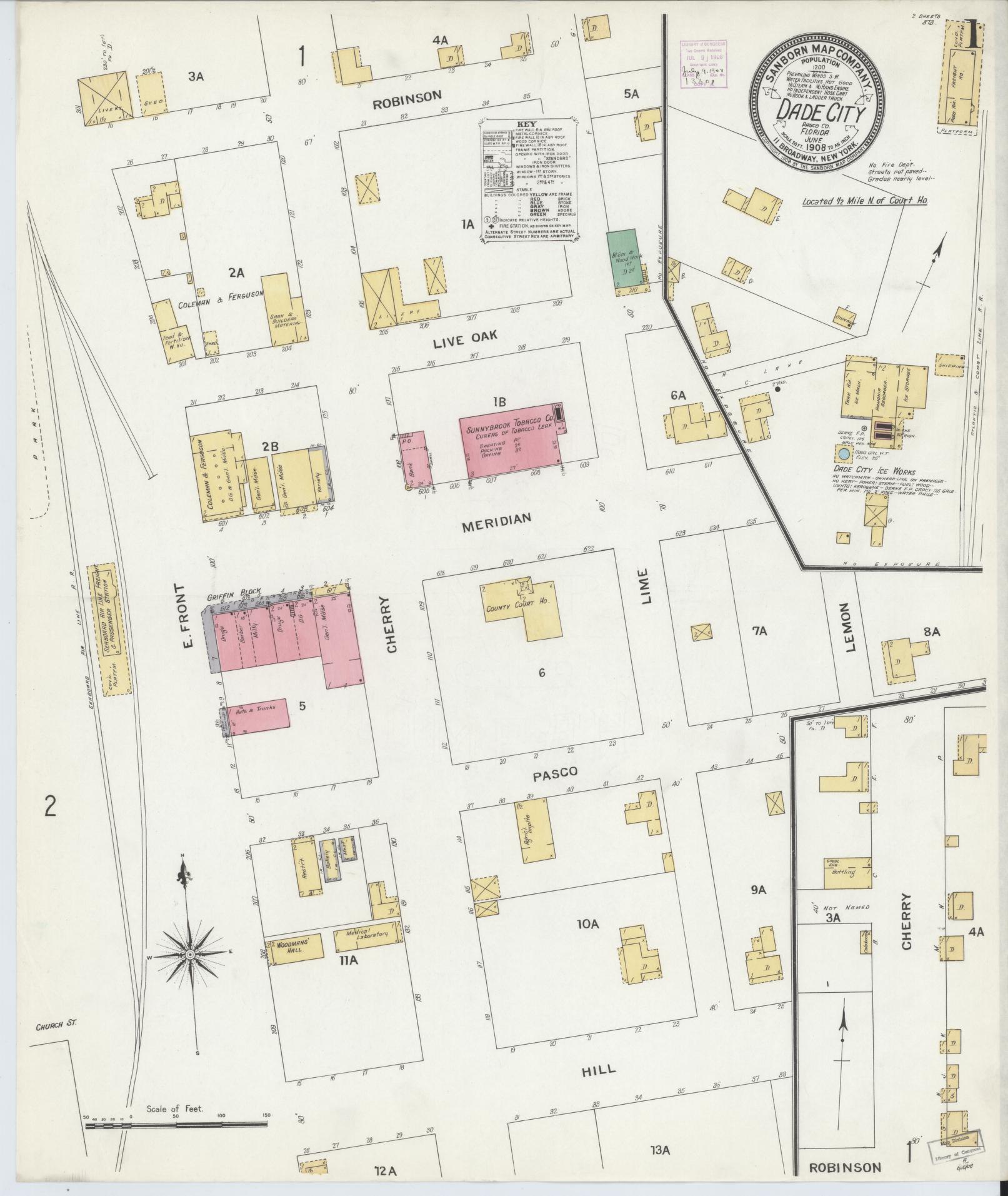 Sanborn Fire Insurance Map from Dade City, Pasco County, Florida (1908), Sheet #0001 - Historic Sanborn Fire Insurance Map Print, vintage old map wall art, antique decor, genealogy gift, Florida Florida map