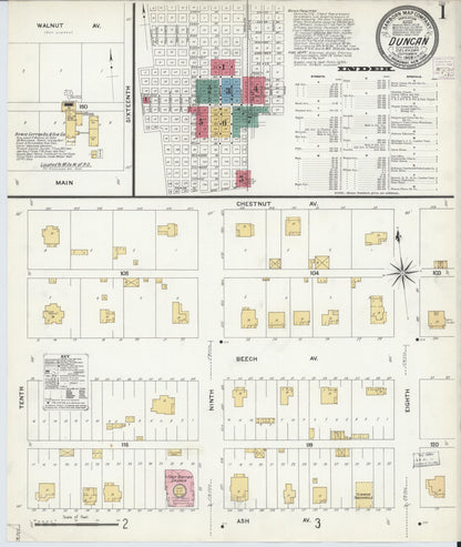 Sanborn Fire Insurance Map from Duncan, Stephens County, Oklahoma (1908), Sheet #0001 - Complete Map Set gallery image, historic Sanborn map, vintage wall art, Oklahoma Oklahoma