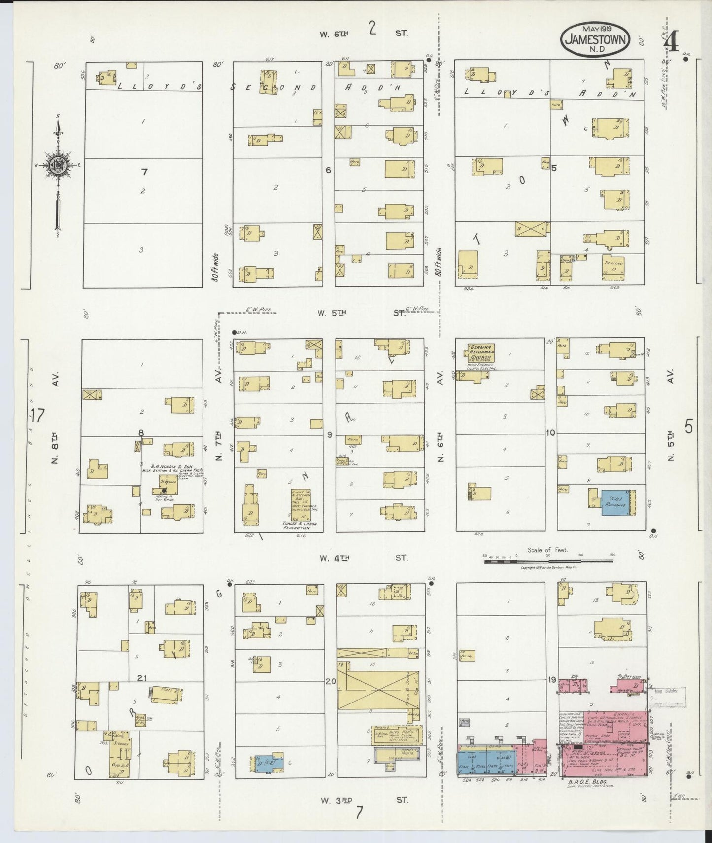 Sanborn Fire Insurance Map from Jamestown, Stutsman County, North Dakota (1919), Sheet #0004 - Complete Map Set gallery image, historic Sanborn map, vintage wall art, North Dakota North Dakota