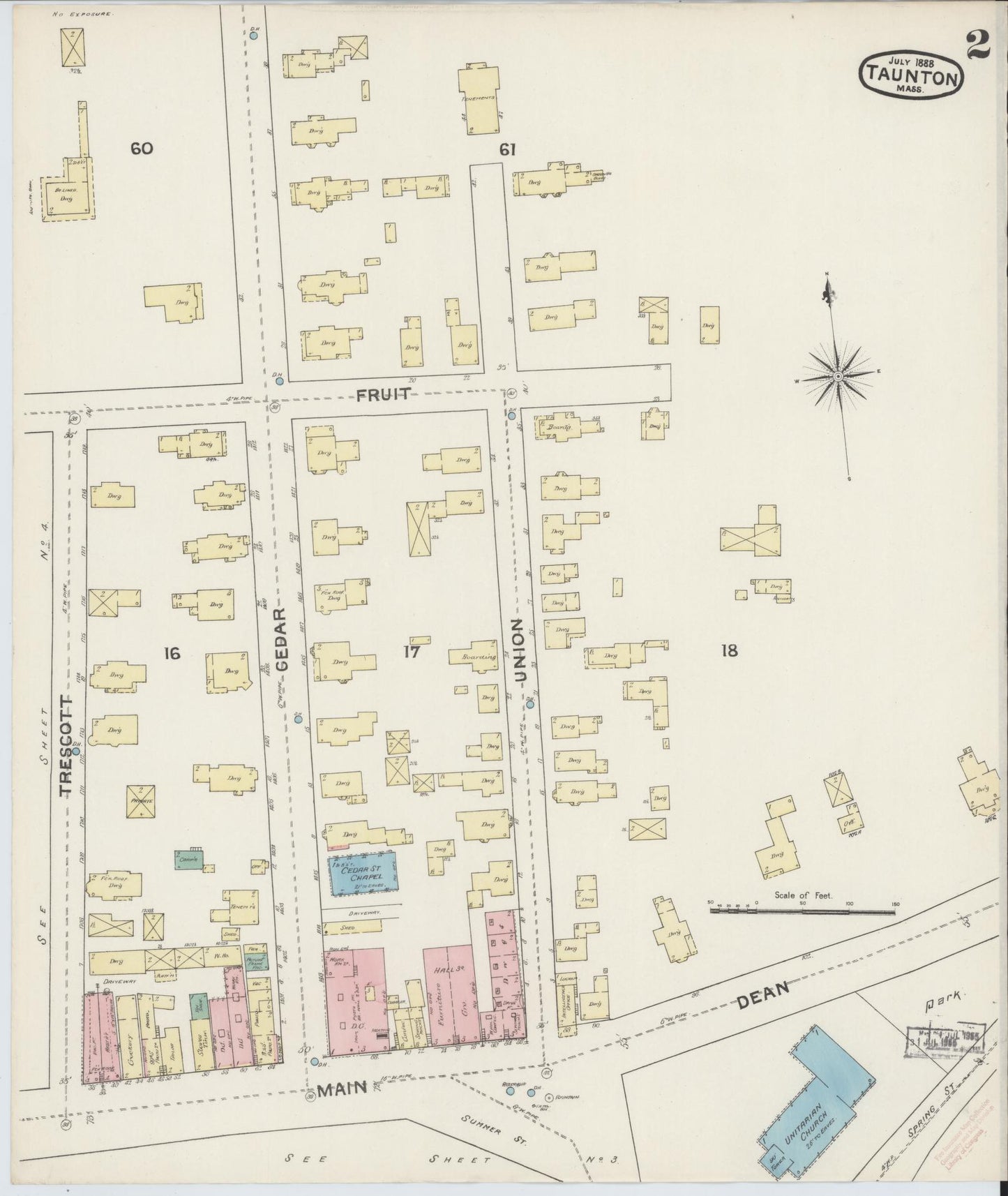 Sanborn Fire Insurance Map from Taunton, Bristol County, Massachusetts (1888), Sheet #0002 - Historic Sanborn Fire Insurance Map Print, vintage old map wall art, antique decor, genealogy gift, Massachusetts Massachusetts map