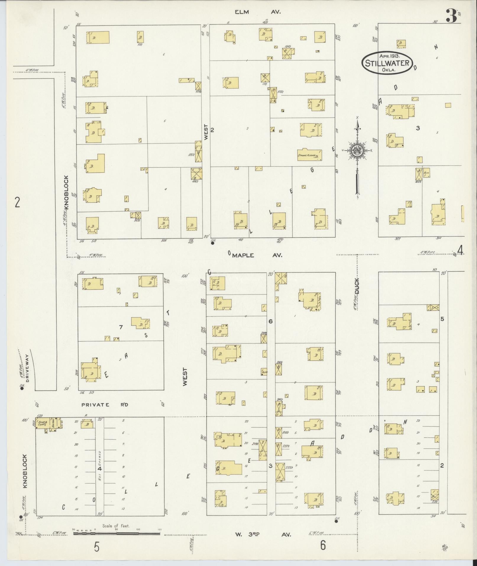 Sanborn Fire Insurance Map from Stillwater, Payne County, Oklahoma (1913), Sheet #0003 - Complete Map Set gallery image, historic Sanborn map, vintage wall art, Oklahoma Oklahoma
