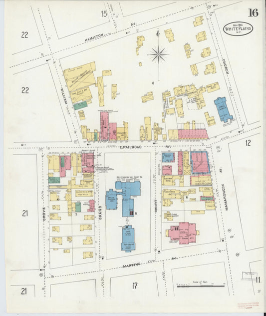 Sanborn Fire Insurance Map from White Plains, Westchester County, New York (1905), Sheet #0016 - Historic Sanborn Fire Insurance Map Print, vintage old map wall art, antique decor, genealogy gift, New York New York map