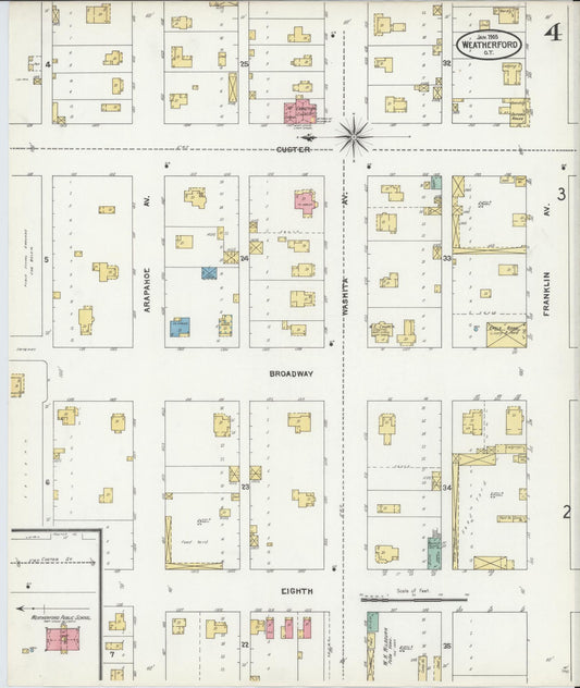 Sanborn Fire Insurance Map from Weatherford, Custer County, Oklahoma (1905), Sheet #0004 - Historic Sanborn Fire Insurance Map Print, vintage old map wall art, antique decor, genealogy gift, Oklahoma Oklahoma map