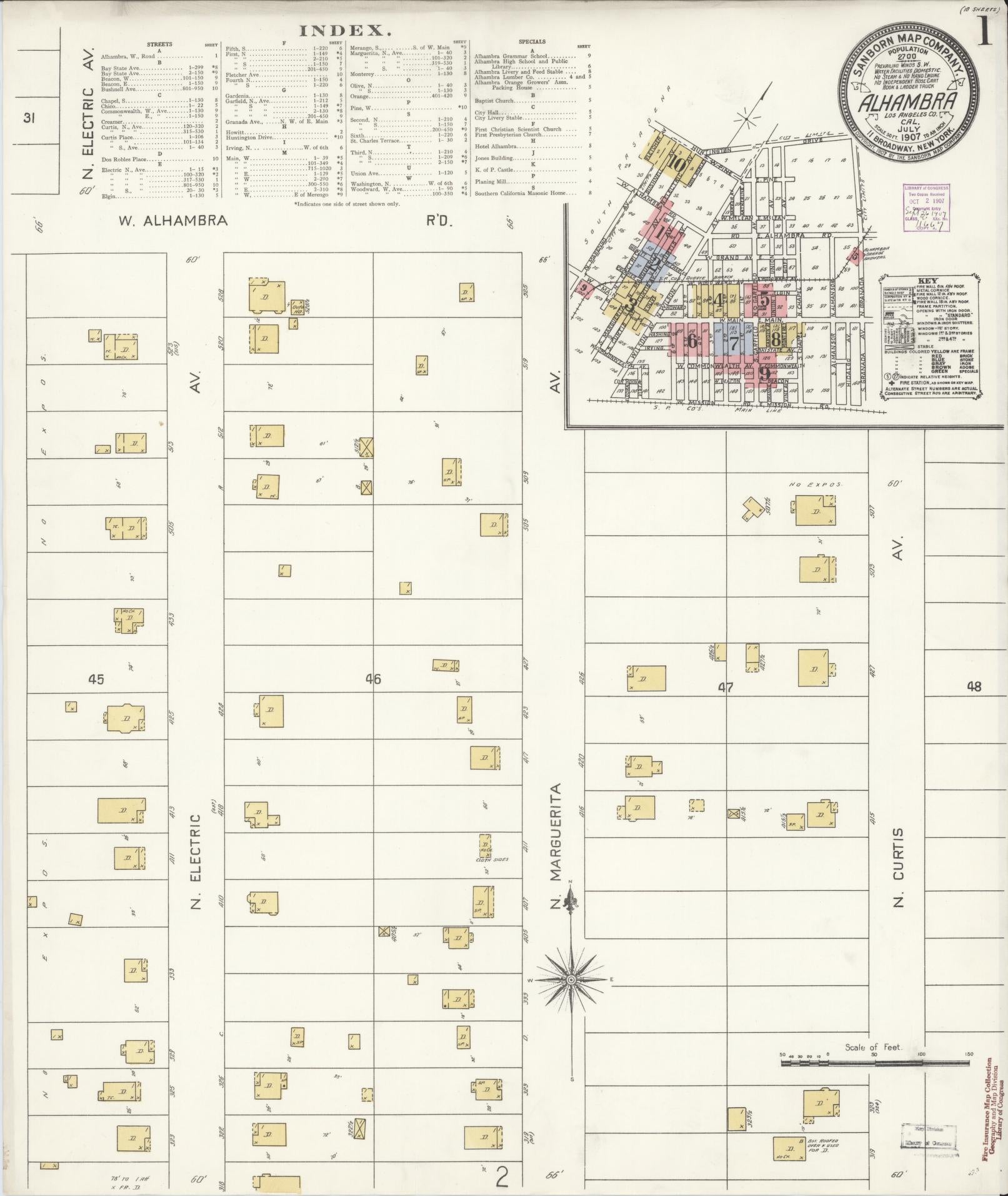 Sanborn Fire Insurance Map from Alhambra, Los Angeles County, California (1907), Sheet #0001 - Historic Sanborn Fire Insurance Map Print, vintage old map wall art, antique decor, genealogy gift, California California map
