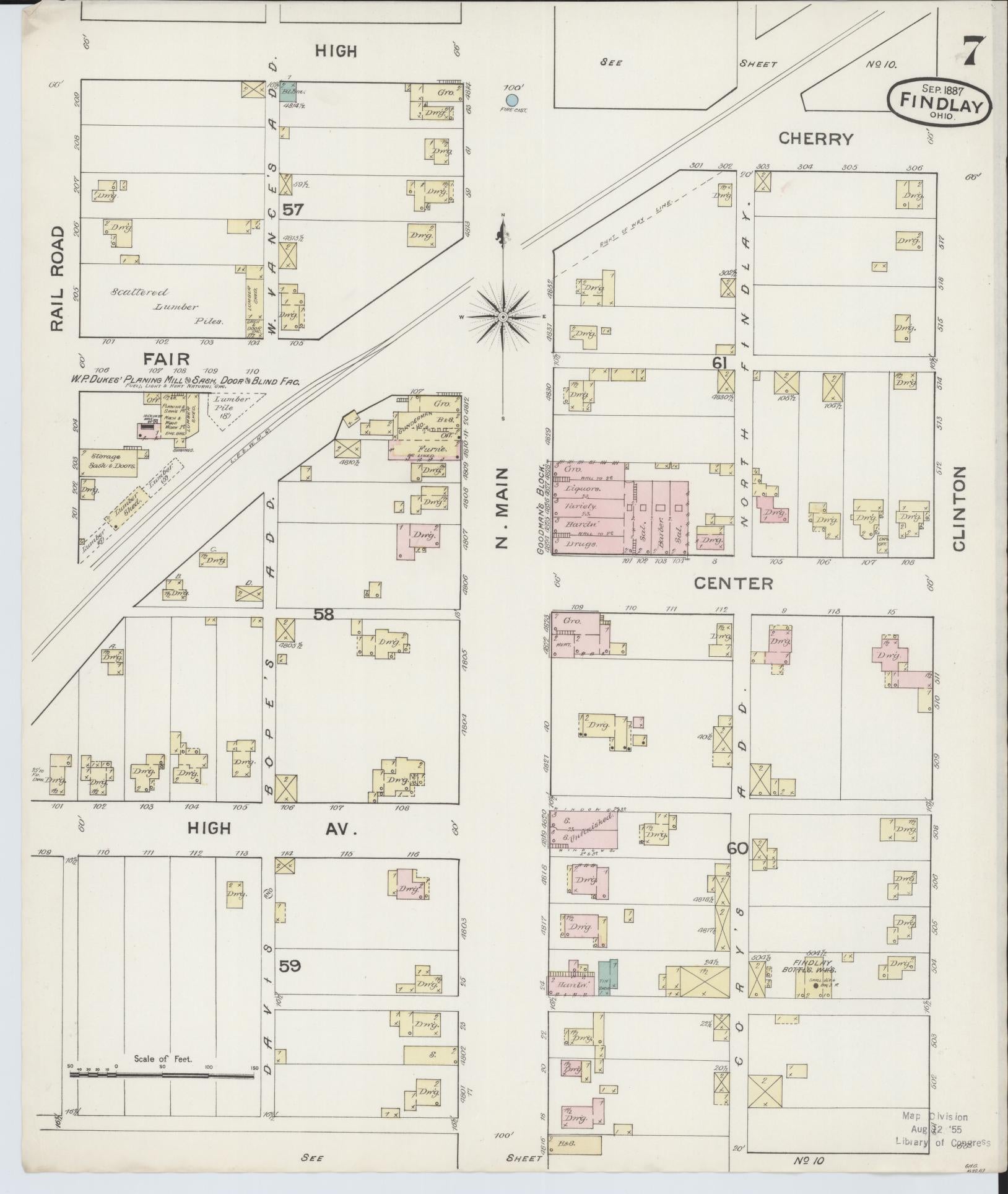 Sanborn Fire Insurance Map from Findlay, Hancock County, Ohio (1887), Sheet #0007 - Historic Sanborn Fire Insurance Map Print, vintage old map wall art, antique decor, genealogy gift, Ohio Ohio map