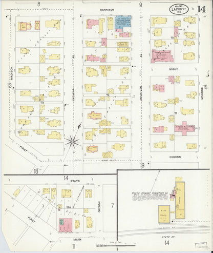 Sanborn Fire Insurance Map from La Porte, La Porte County, Indiana (1907), Sheet #0014 - Historic Sanborn Fire Insurance Map Print, vintage old map wall art, antique decor, genealogy gift, Indiana Indiana map