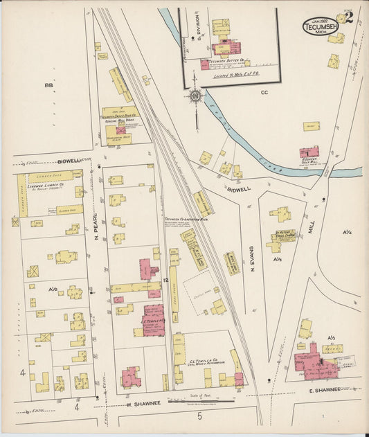 Sanborn Fire Insurance Map from Tecumseh, Lenawee County, Michigan (1922), Sheet #0002 - Historic Sanborn Fire Insurance Map Print, vintage old map wall art, antique decor, genealogy gift, Michigan Michigan map