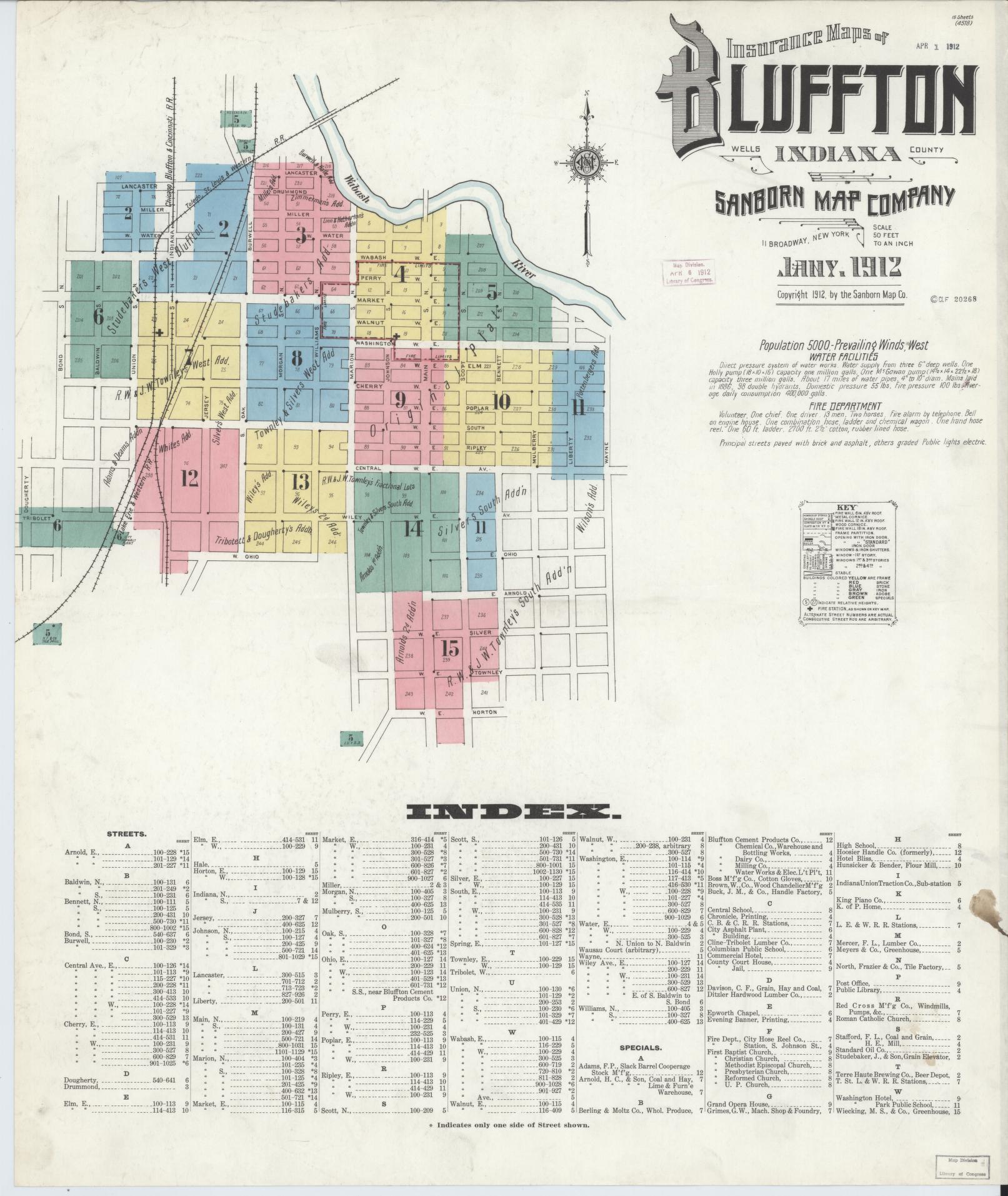 Sanborn Fire Insurance Map from Bluffton, Wells County, Indiana (1912), Sheet #0001 - Complete Map Set gallery image, historic Sanborn map, vintage wall art, Indiana Indiana
