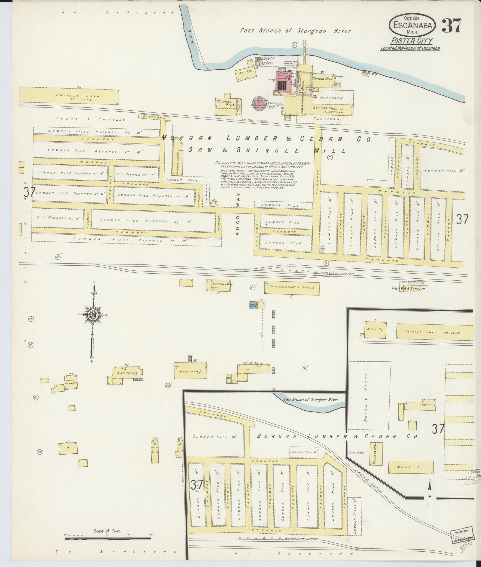 Sanborn Fire Insurance Map from Escanaba, Delta County, Michigan (1913), Sheet #0037 - Historic Sanborn Fire Insurance Map Print, vintage old map wall art, antique decor, genealogy gift, Michigan Michigan map