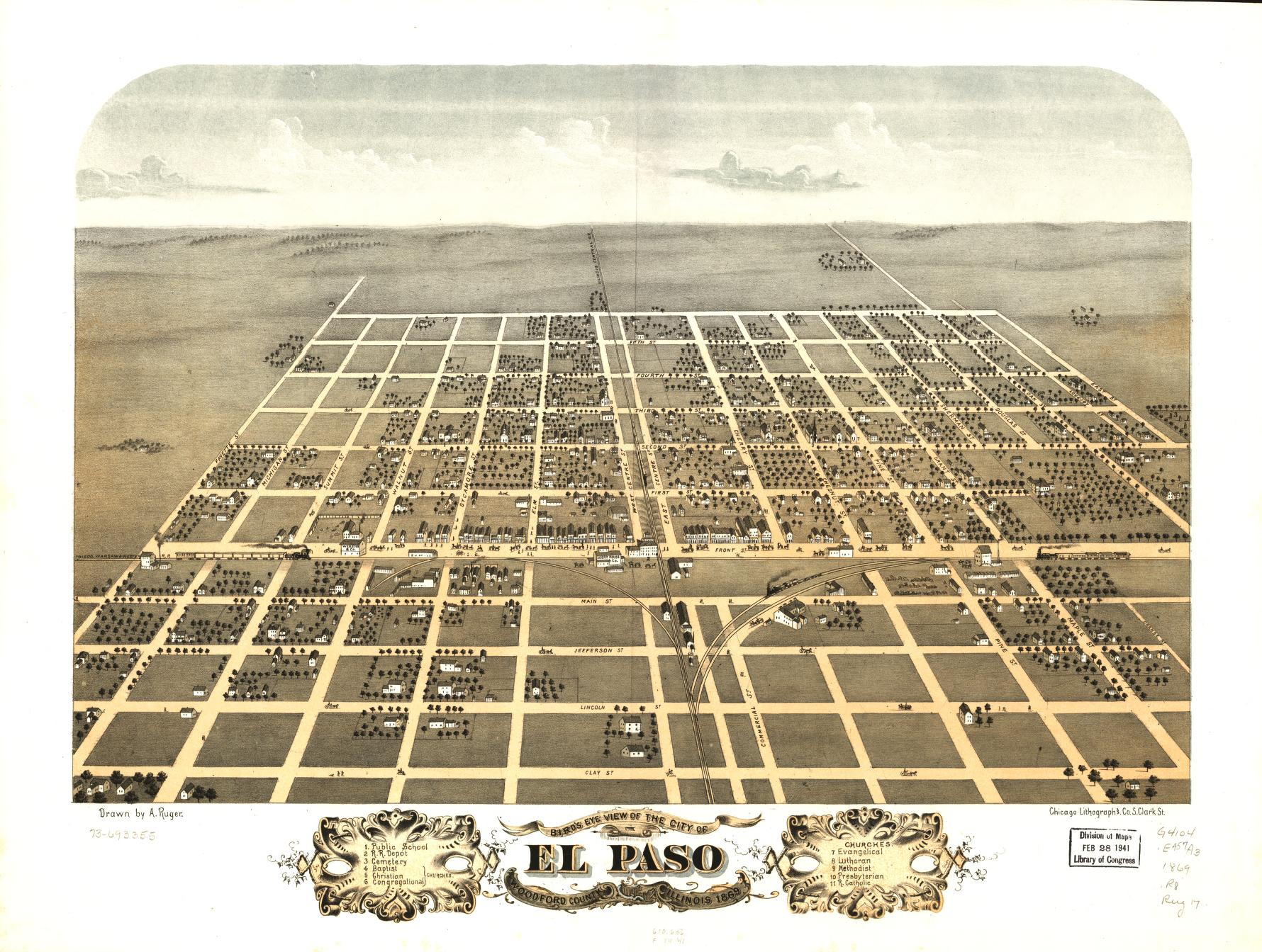 Bird's eye view of the city of El Paso, Woodford County, Illinois 1869. (1869) – Historic Bird’s-Eye View Panorama Print