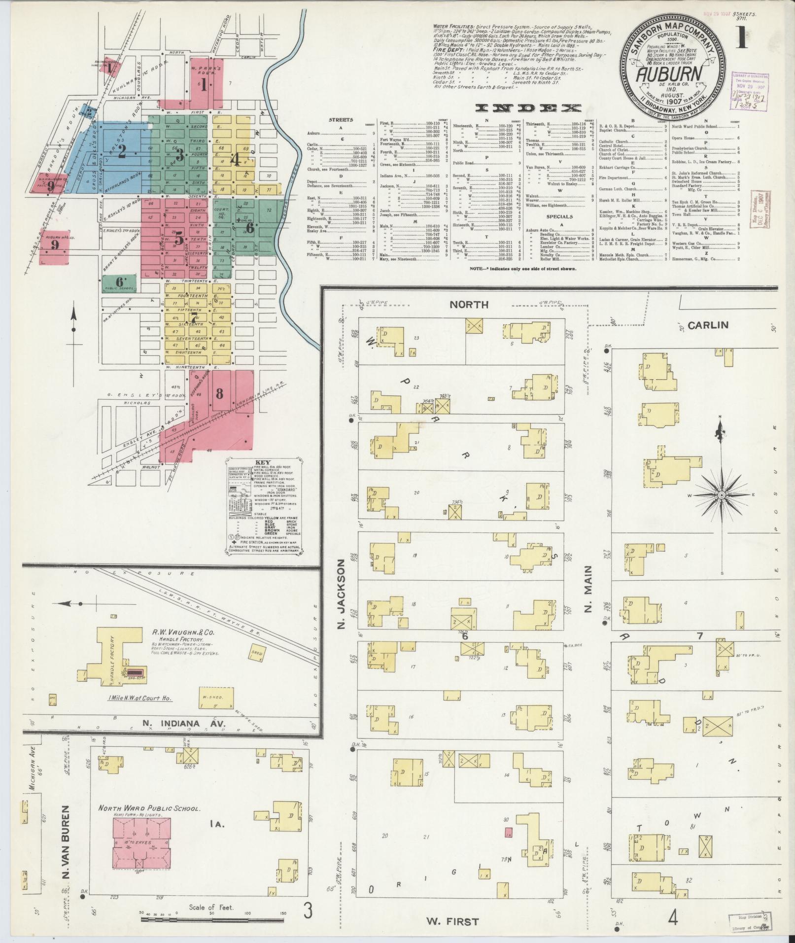 Sanborn Fire Insurance Map from Auburn, De Kalb County, Indiana (1907), Sheet #0001 - Historic Sanborn Fire Insurance Map Print, vintage old map wall art, antique decor, genealogy gift, Indiana Indiana map