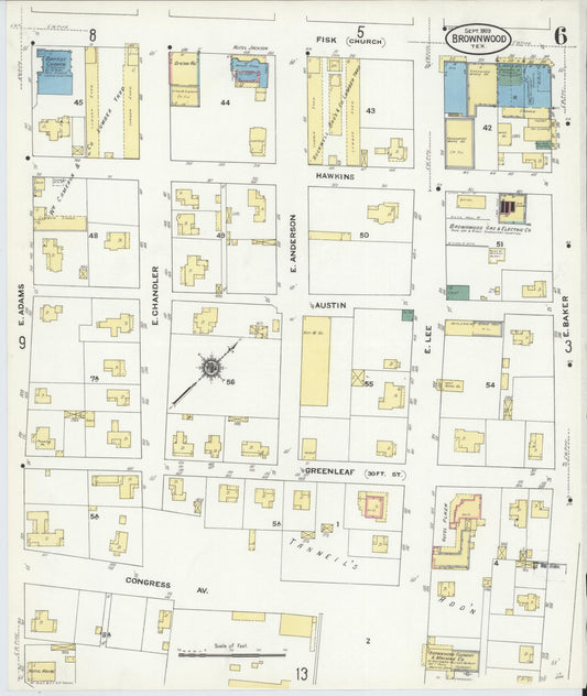 Sanborn Fire Insurance Map from Brownwood, Brown County, Texas (1909), Sheet #0006 - Historic Sanborn Fire Insurance Map Print, vintage old map wall art, antique decor, genealogy gift, Texas Texas map