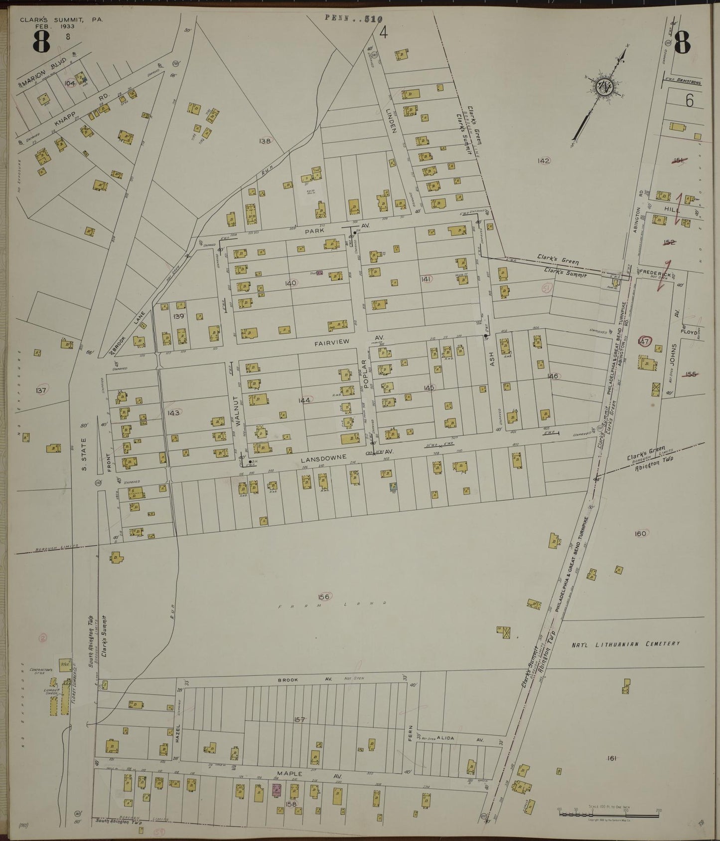 Sanborn Fire Insurance Map from Clark's Summit, Lackawanna County, Pennsylvania (1942), Sheet #0008 - Historic Sanborn Fire Insurance Map Print, vintage old map wall art, antique decor, genealogy gift, Pennsylvania Pennsylvania map