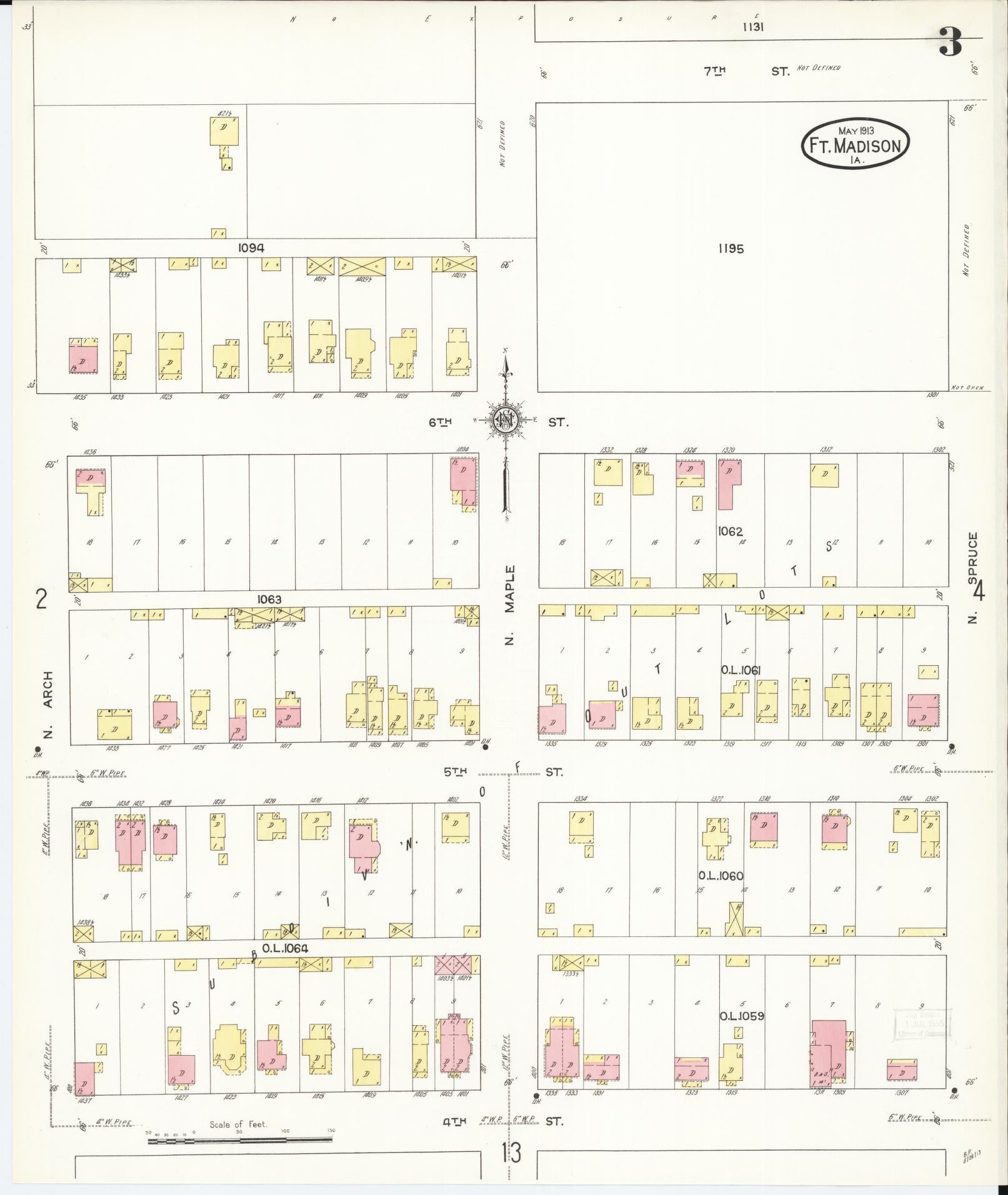 Sanborn Fire Insurance Map from Fort Madison, Lee County, Iowa (1913), Sheet #0003 - Historic Sanborn Fire Insurance Map Print, vintage old map wall art