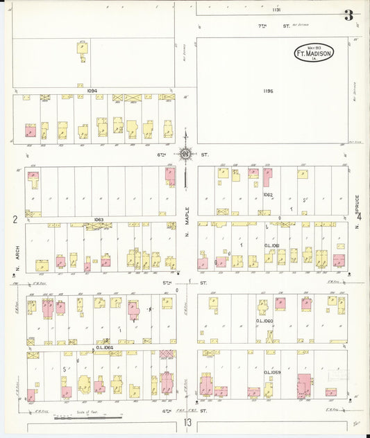 Sanborn Fire Insurance Map from Fort Madison, Lee County, Iowa (1913), Sheet #0003 - Historic Sanborn Fire Insurance Map Print, vintage old map wall art